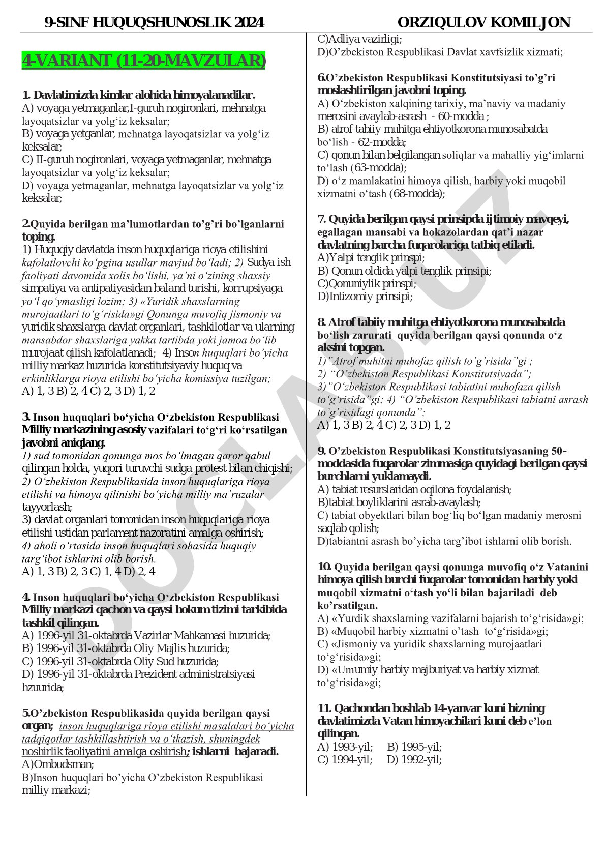 9-sinf huquqshunoslik 2024 Orziqulov Komiljon 4-variant (11-20-mavzular)