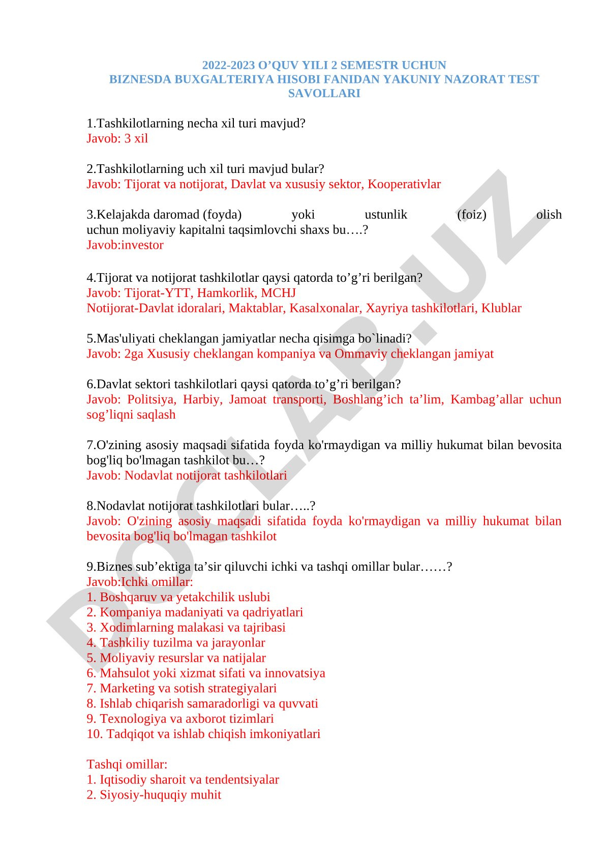2022-2023 O’quv yili 2 semestr uchun biznesda buxgalteriya hisobi fanidan yakuniy nazorat test savollari