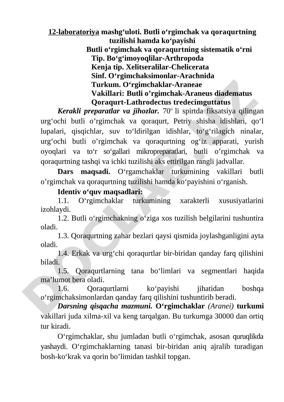 Butli o‘rgimchak va qoraqurtning tuzilishi hamda ko‘payishi
