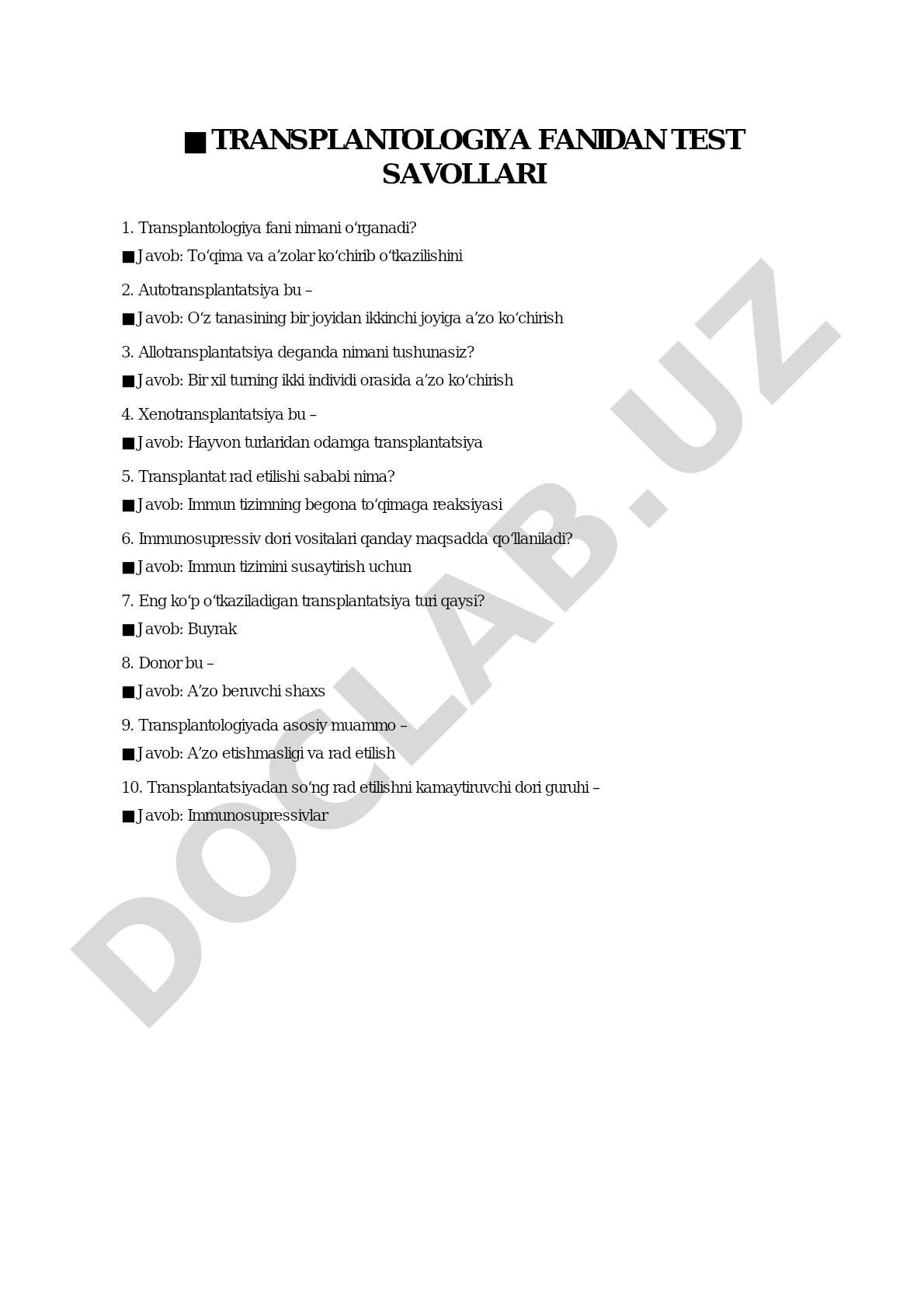 Transplantologiya fanidan test savollari