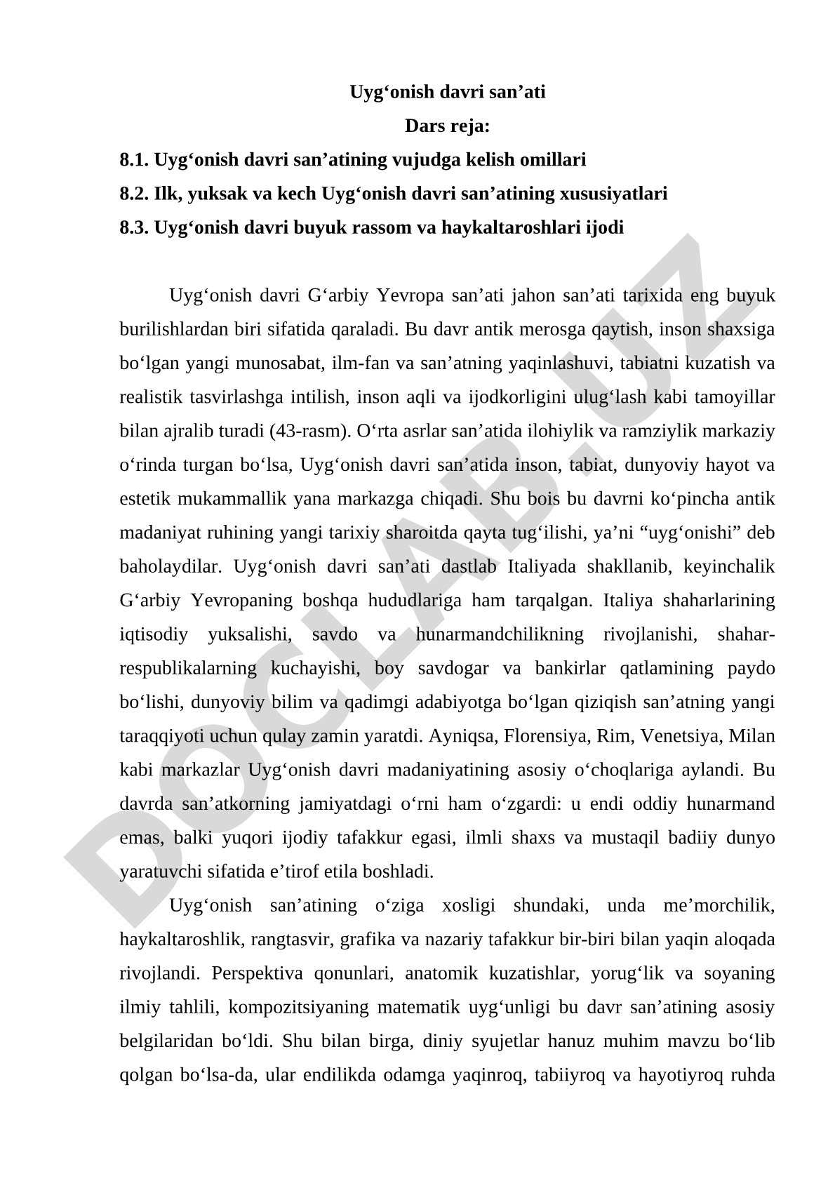 Uyg‘onish davri san’ati: vujudga kelishi, xususiyatlari va buyuk rassomlar ijodi