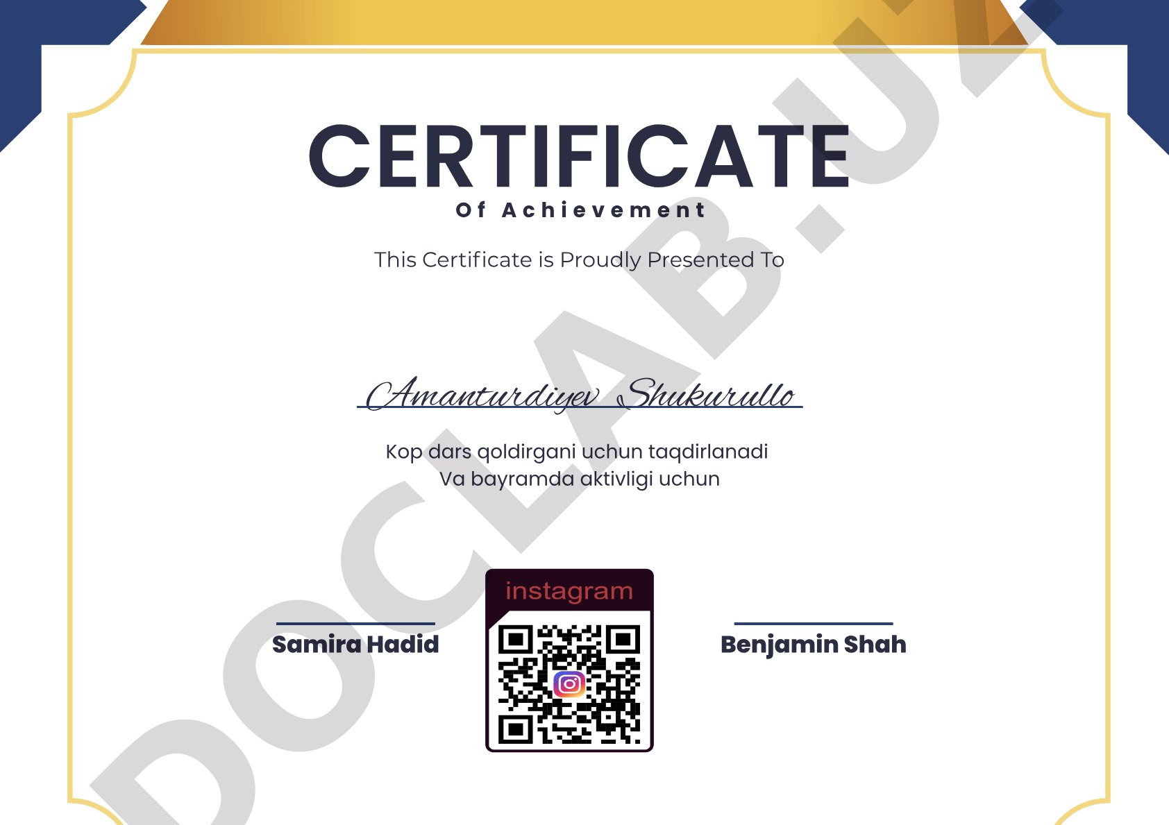 Certificate of Achievement for Amanturdiyev Shukurullo