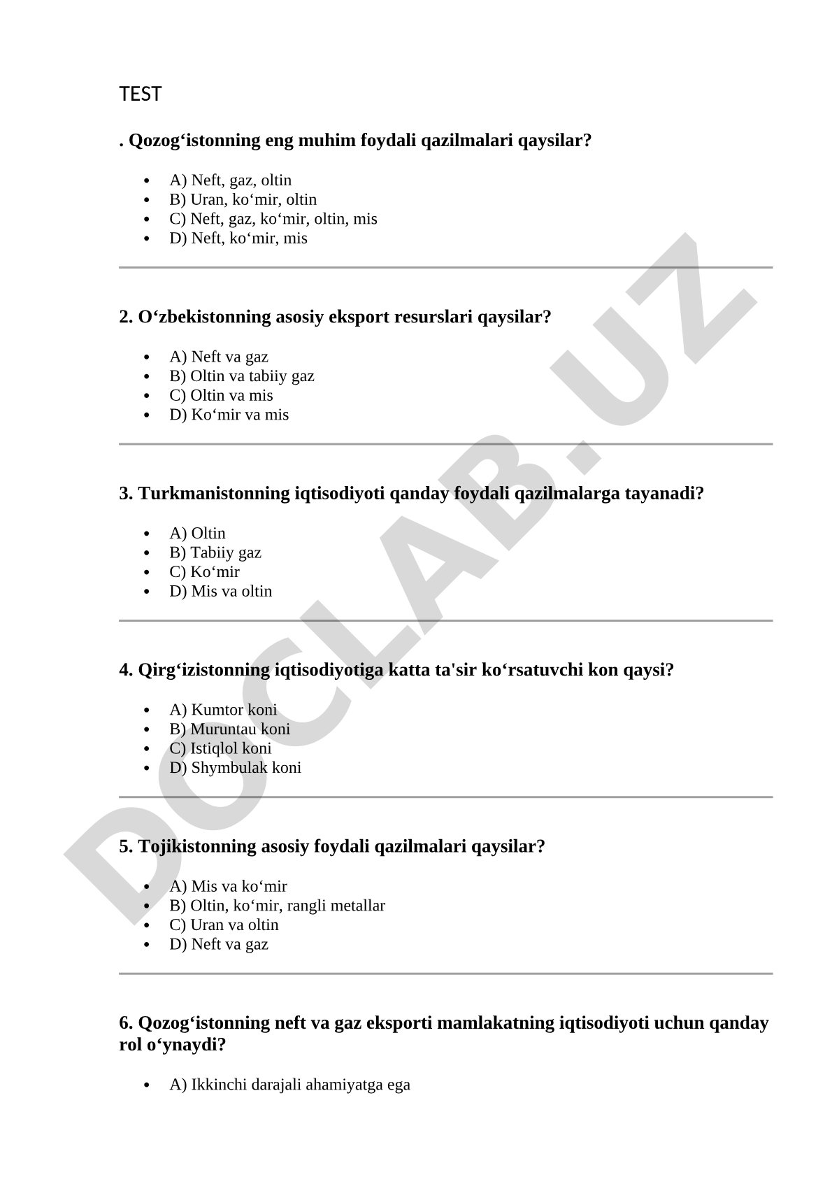 Markaziy Osiyo mamlakatlarining foydali qazilmalari