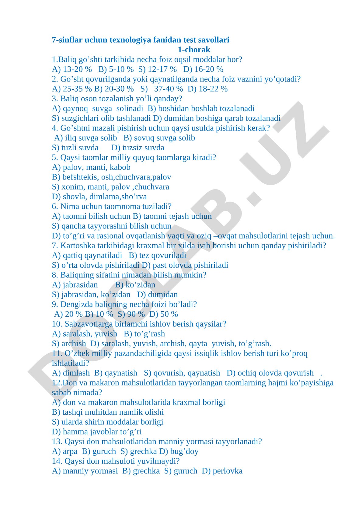 7-sinf texnologiya fanidan 1-chorak test savollari