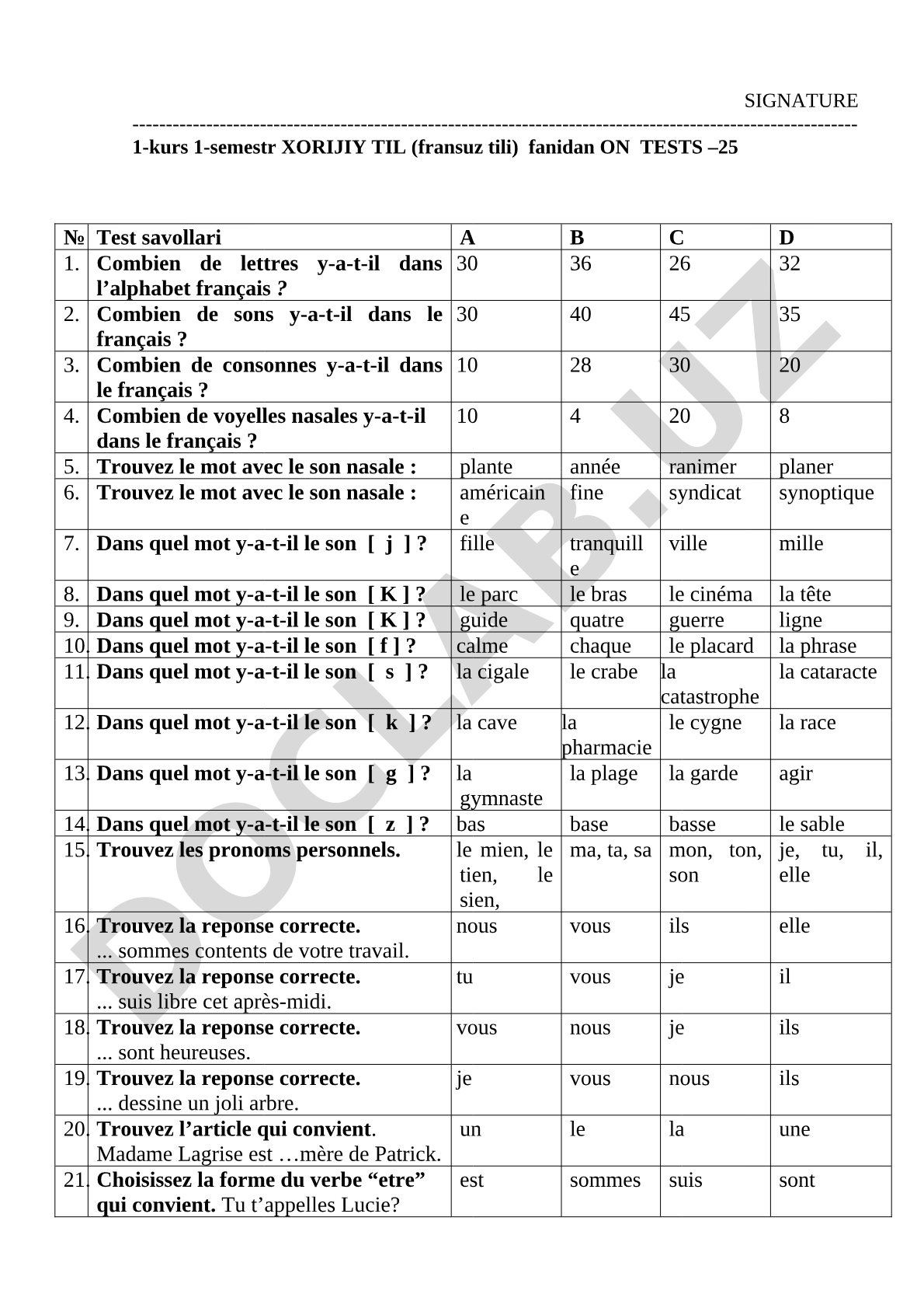 Xorijiy til (fransuz tili) fanidan test savollari