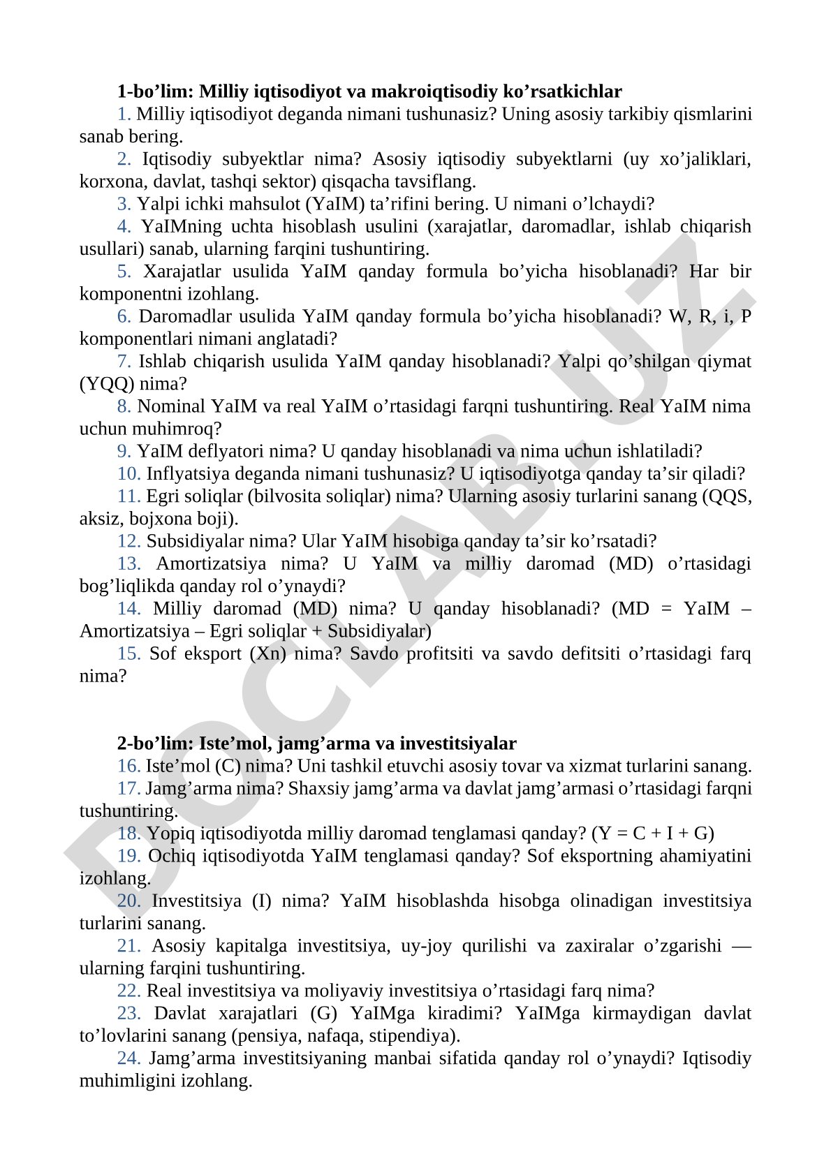 Milliy iqtisodiyot va makroiqtisodiy ko'rsatkichlar bo'yicha savollar
