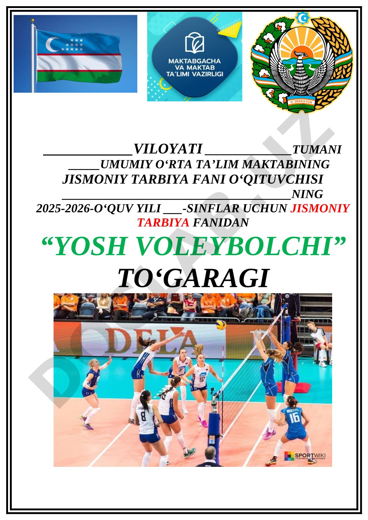Yosh voleybolchi to'garagi ish rejasi