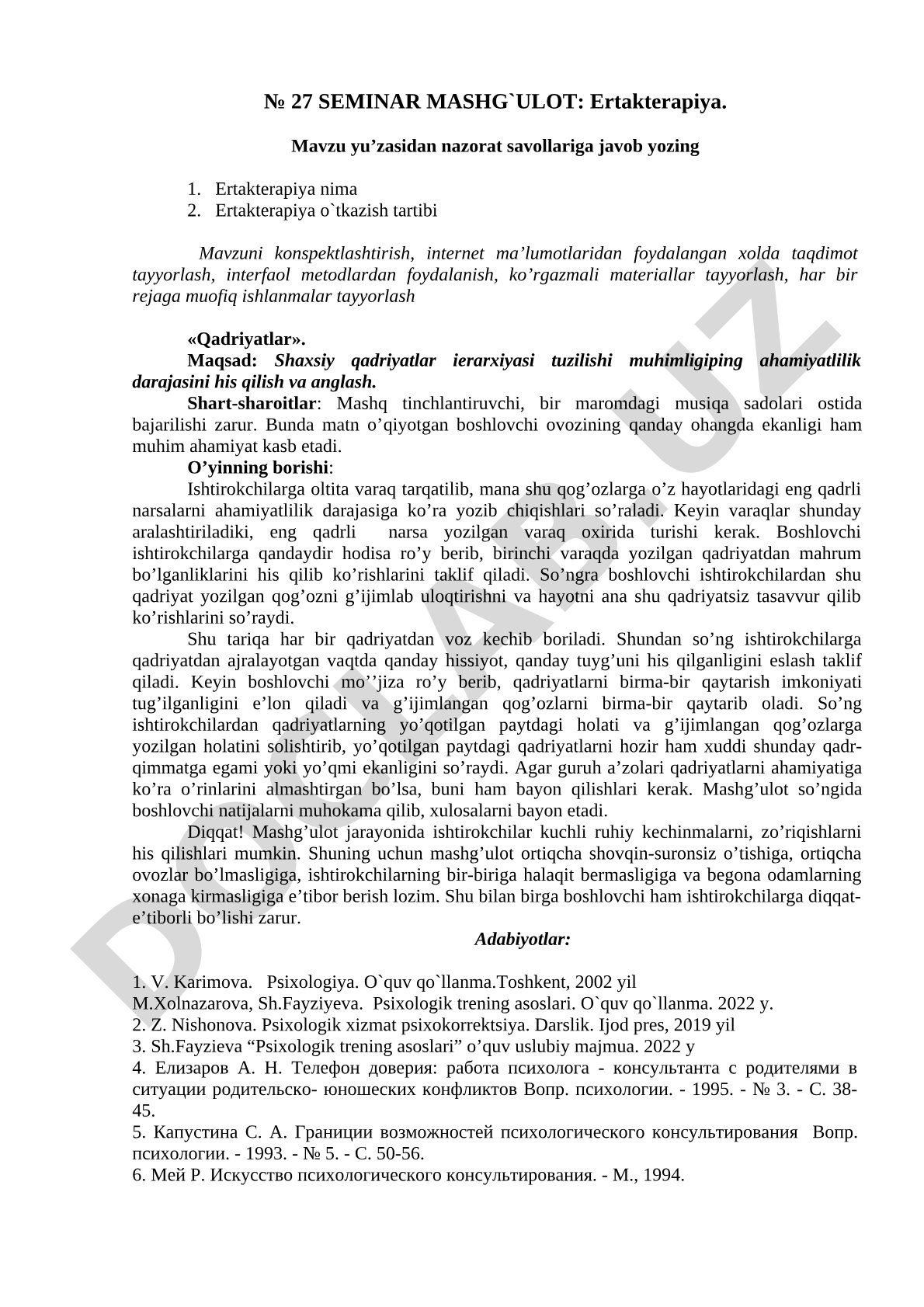 Ertakterapiya seminar mashg'uloti: Qadriyatlar o'yini va uning borishi