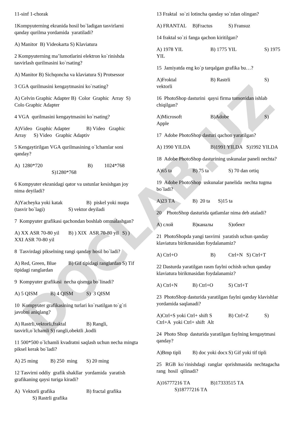 Kompyuter grafikasi bo'yicha test savollari