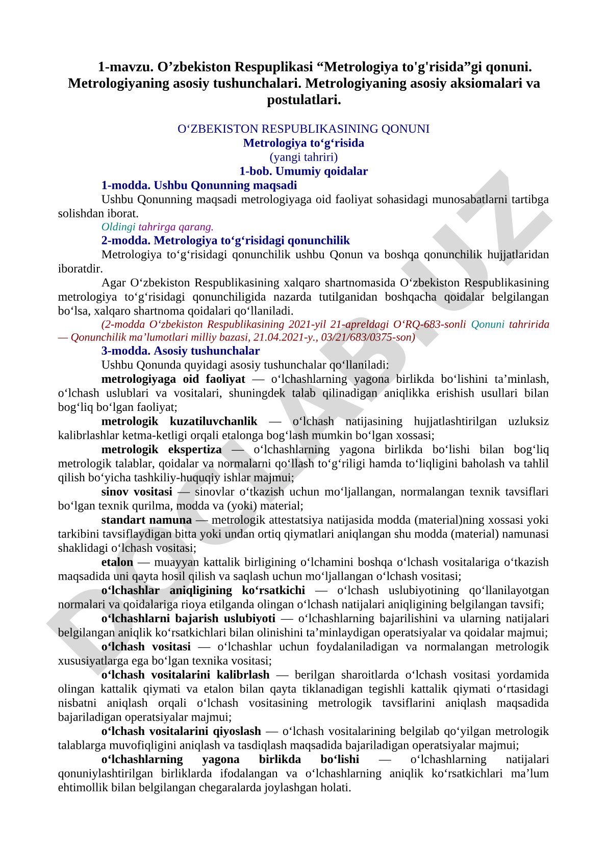 O'zbekiston Respublikasining “Metrologiya to'g'risida”gi qonuni va metrologiyaning asosiy tushunchalari