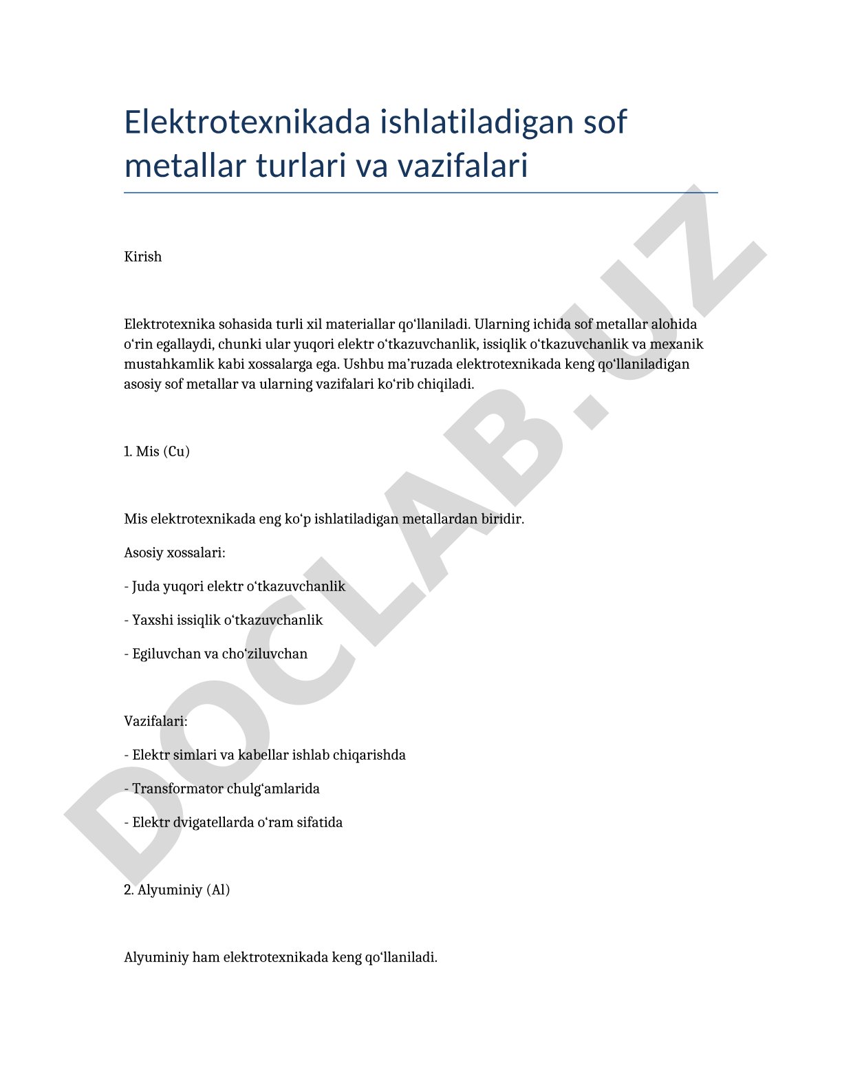 Elektrotexnikada ishlatiladigan sof metallar turlari va vazifalari