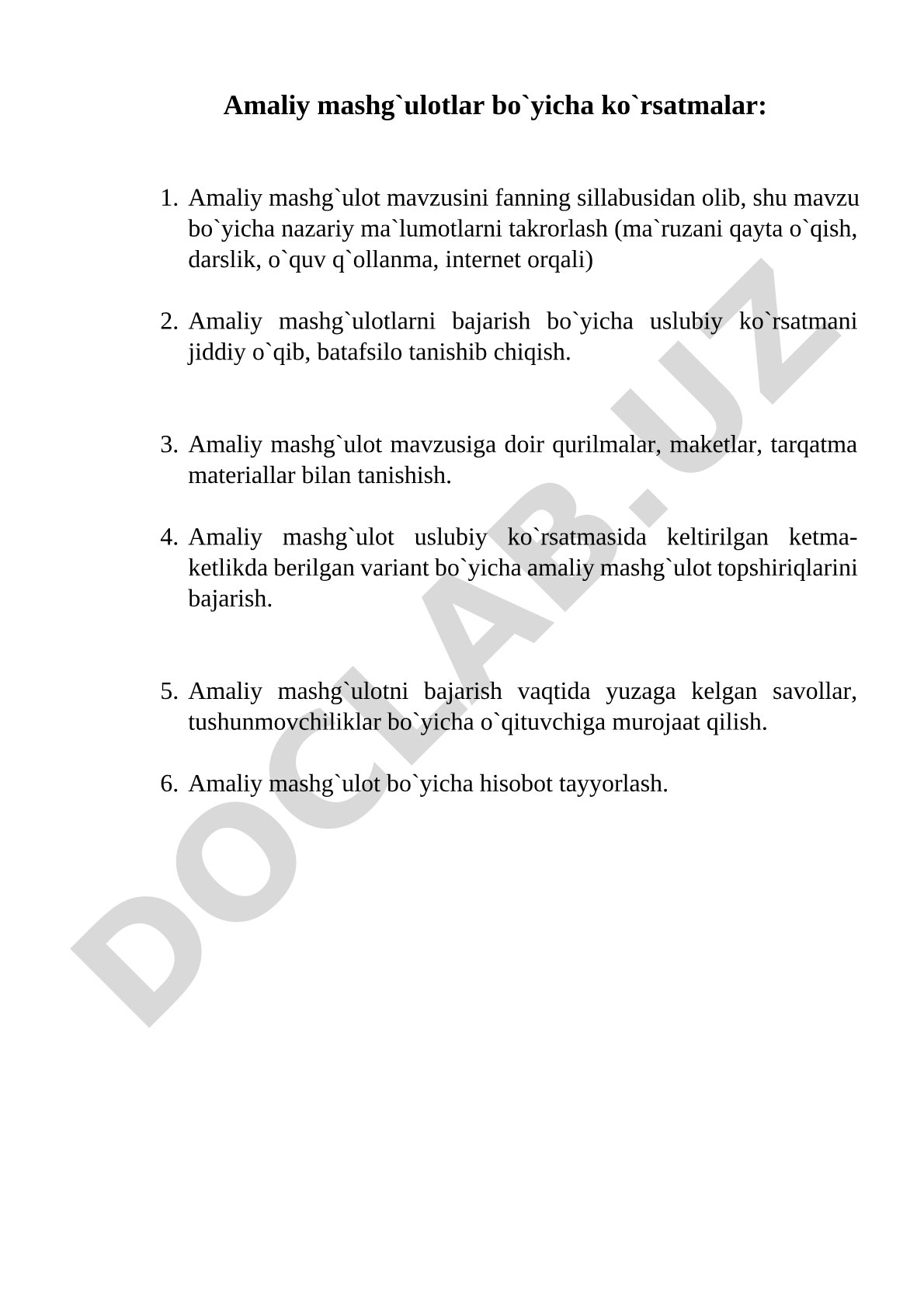 Amaliy mashg'ulotlar bo'yicha ko'rsatmalar
