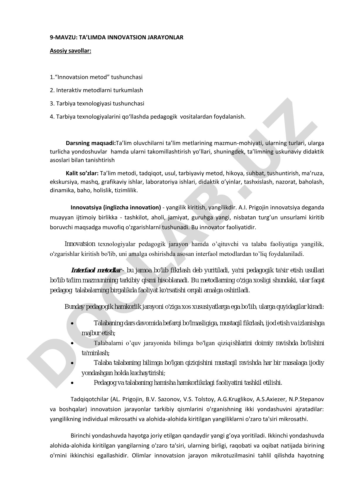 Innovatsion metodlar, interaktiv metodlar, tarbiya texnologiyalari va pedagogik vositalar