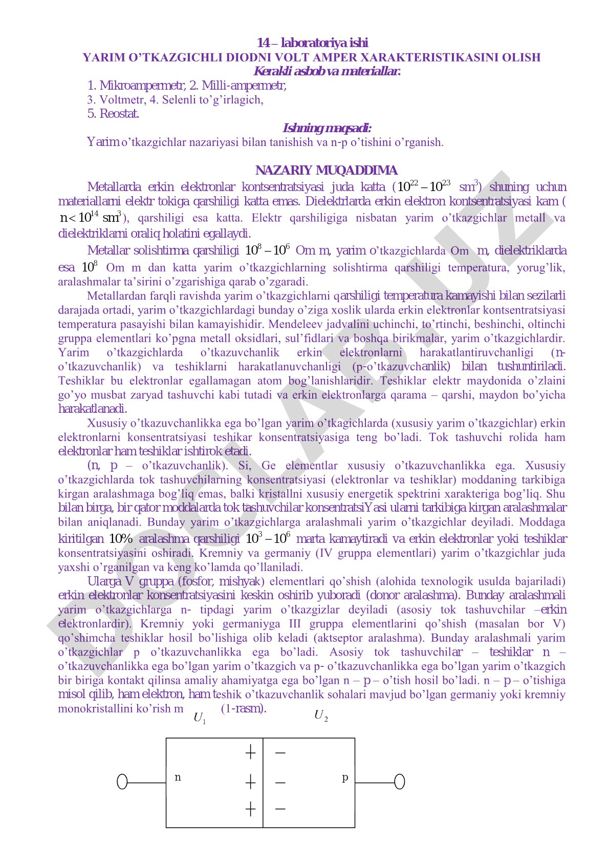 Yarim o'tkazgichli diodni volt amper xarakteristikasini olish