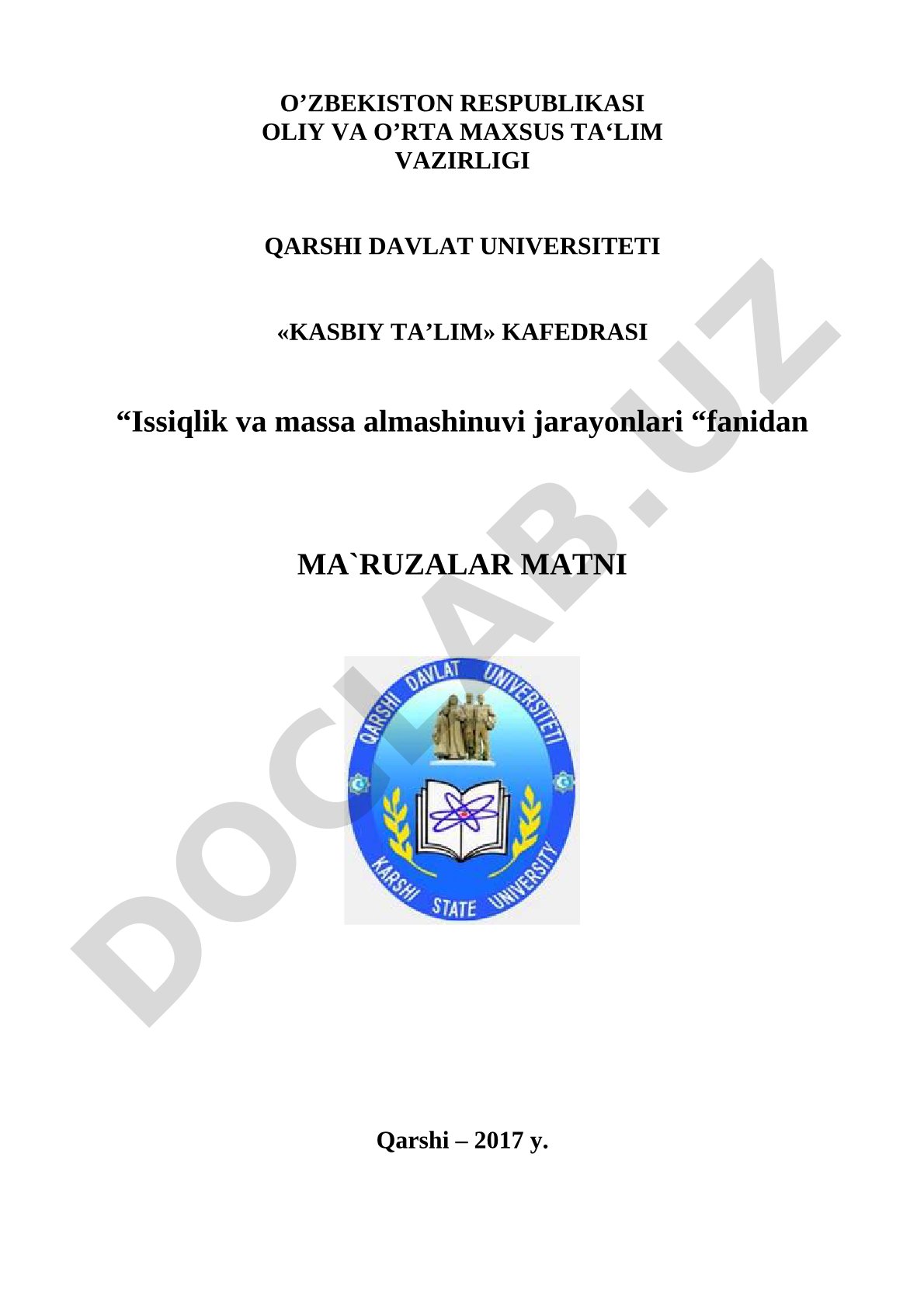 Issiqlik va massa almashinuvi jarayonlari fanidan ma'ruzalar matni