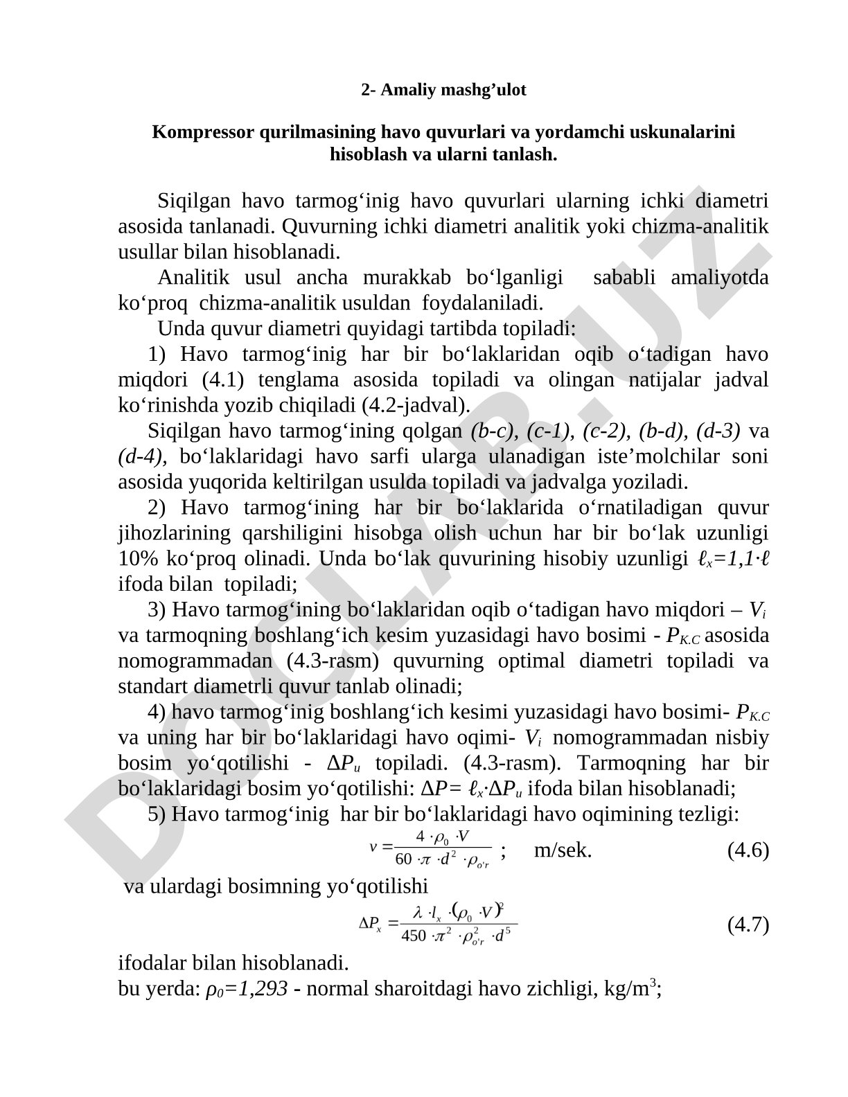 Kompressor qurilmasining havo quvurlari va yordamchi uskunalarini hisoblash va ularni tanlash