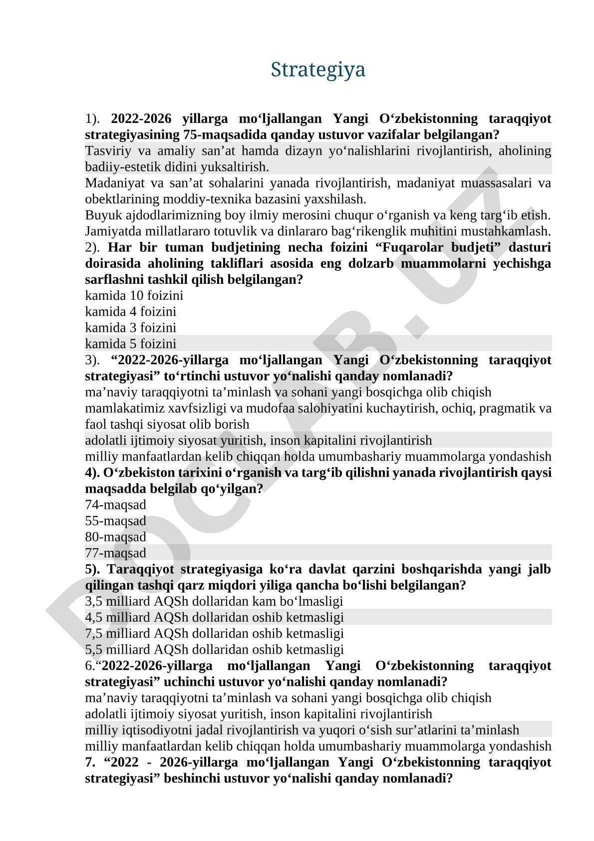 Yangi O'zbekiston taraqqiyot strategiyasi bo'yicha test savollari