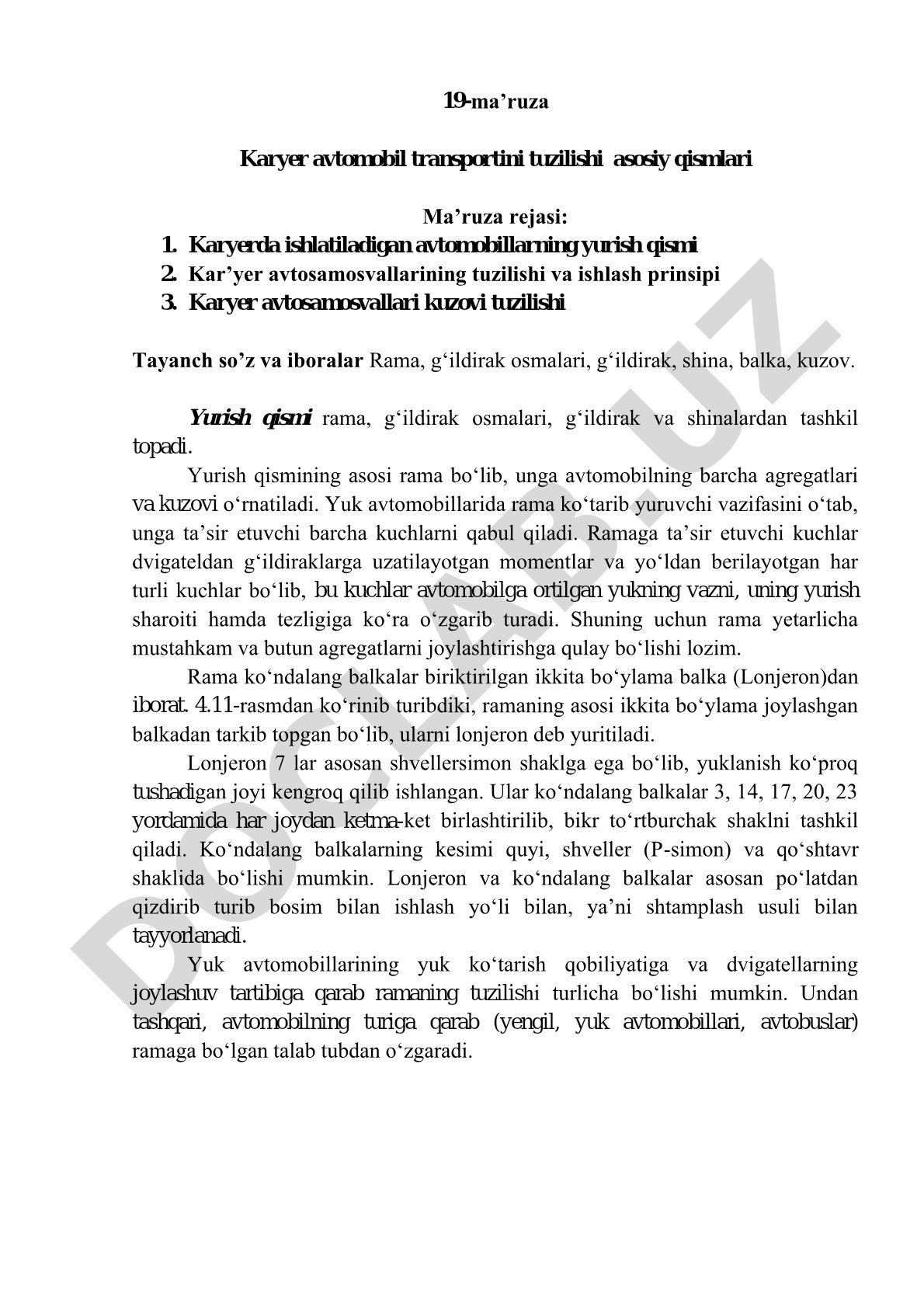 Karyer avtomobil transportini tuzilishi asosiy qismlari