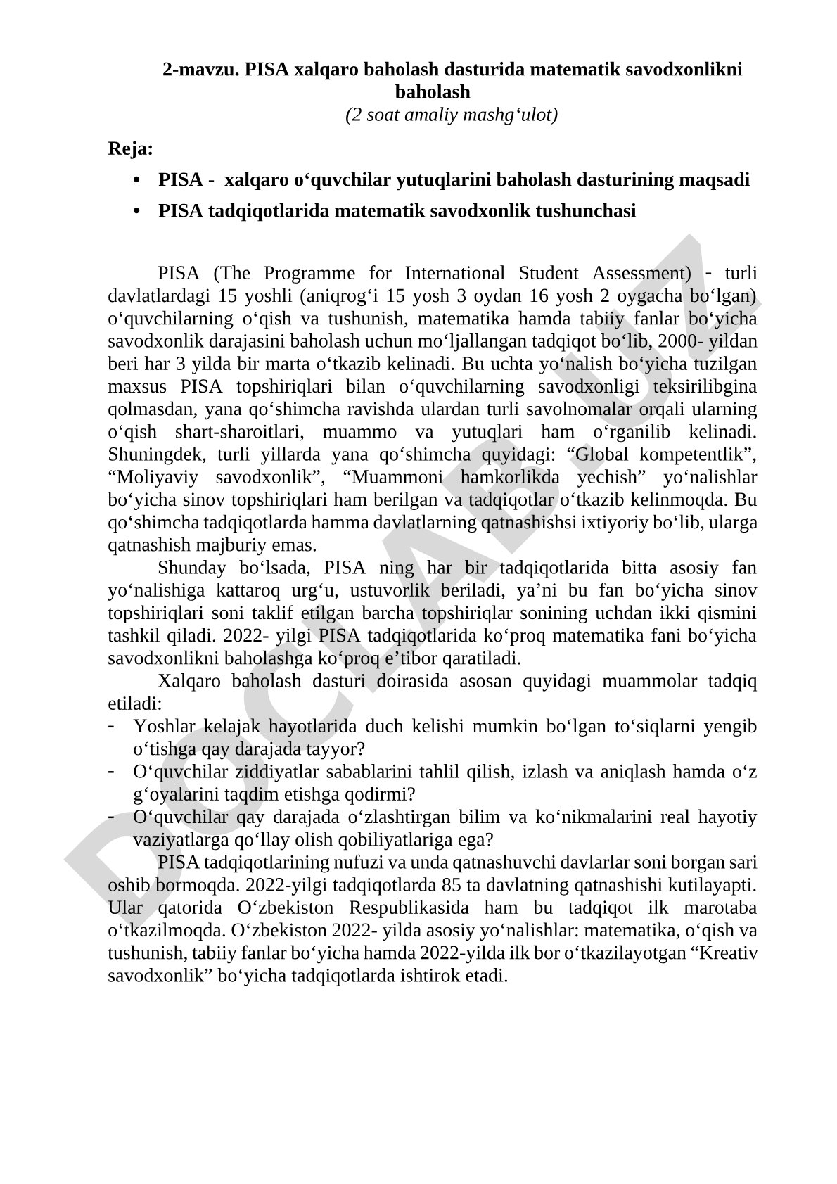 PISA xalqaro baholash dasturida matematik savodxonlikni baholash (2 soat amaliy mashg'ulot)