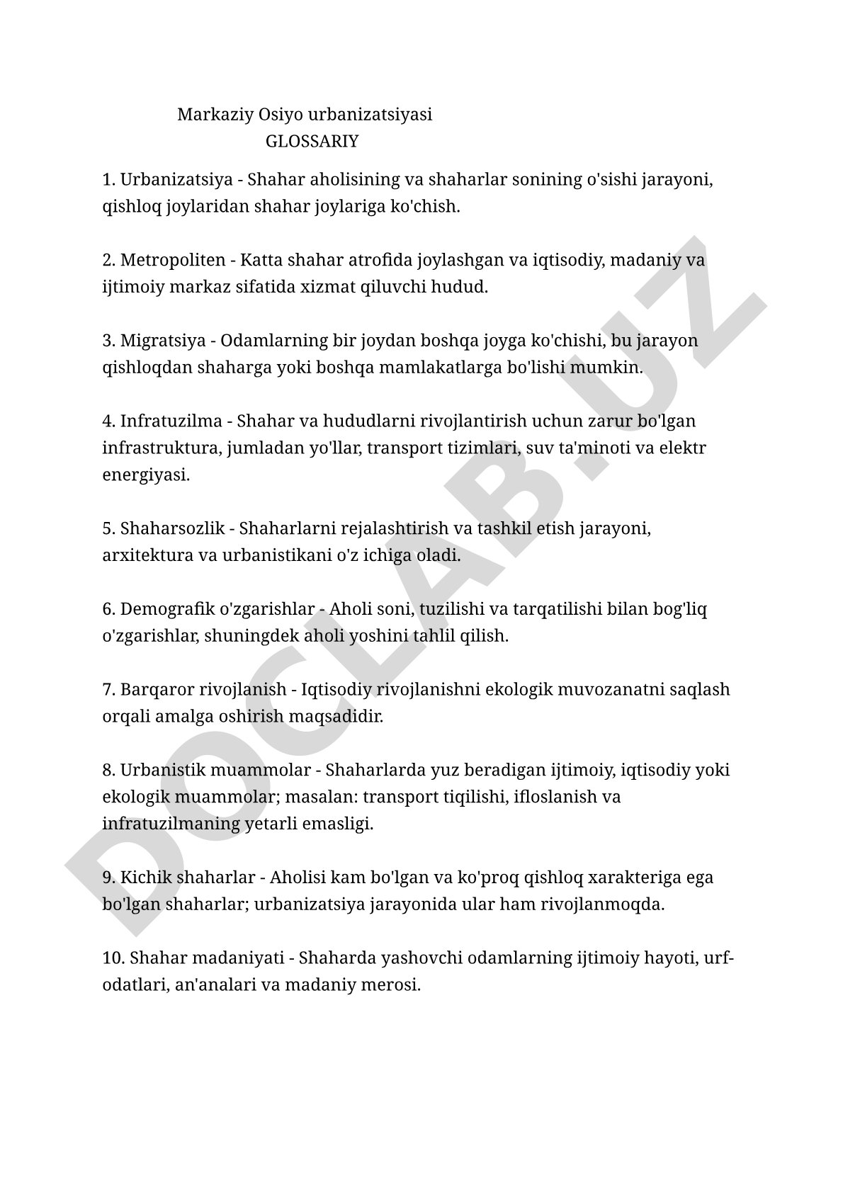 Markaziy Osiyo urbanizatsiyasi Glossariy