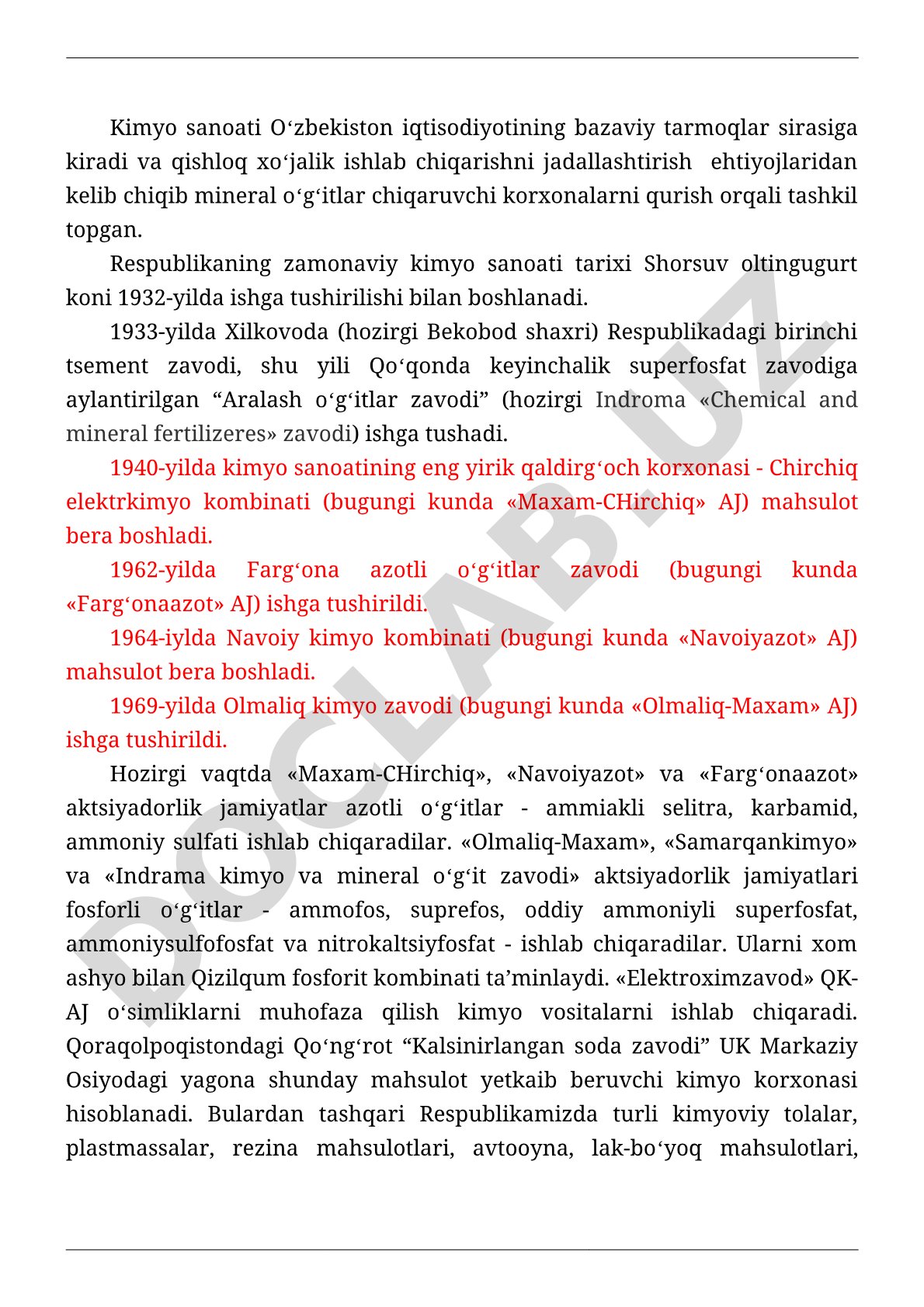 Oʻzbekiston kimyo sanoati tarixi