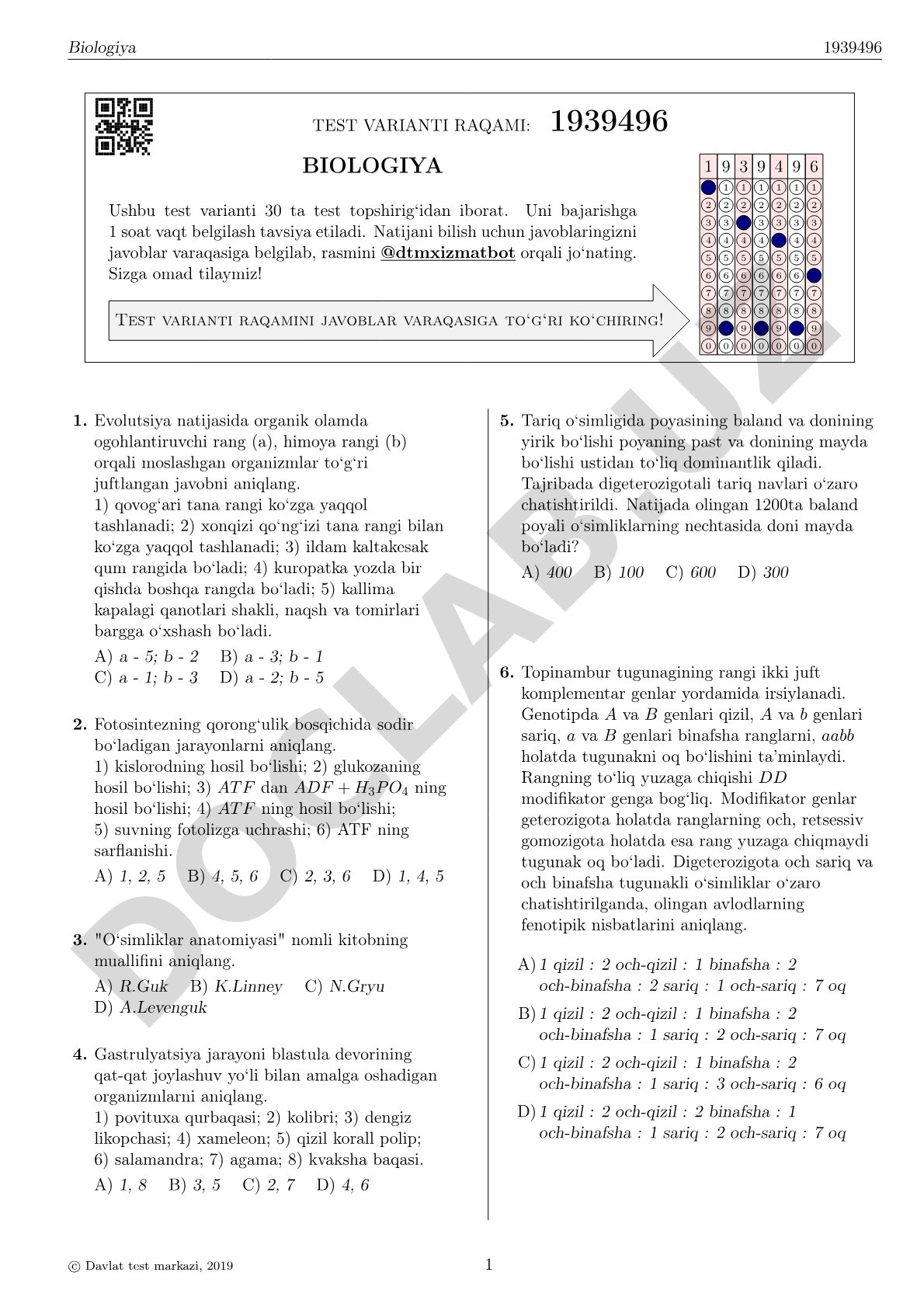 30 ta topshiriqdan iborat biologiya test varianti