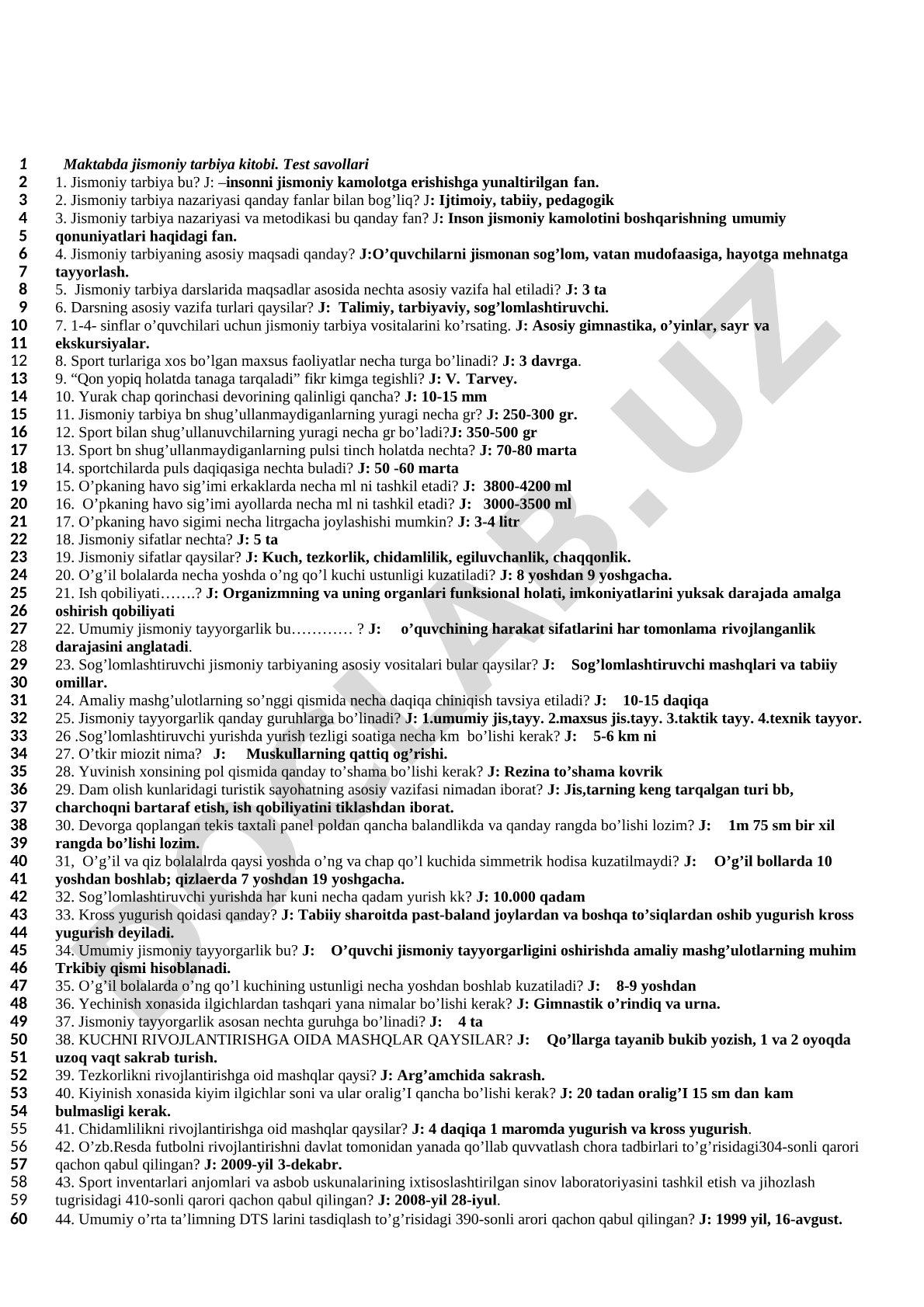 Maktabda jismoniy tarbiya kitobi. Test savollari