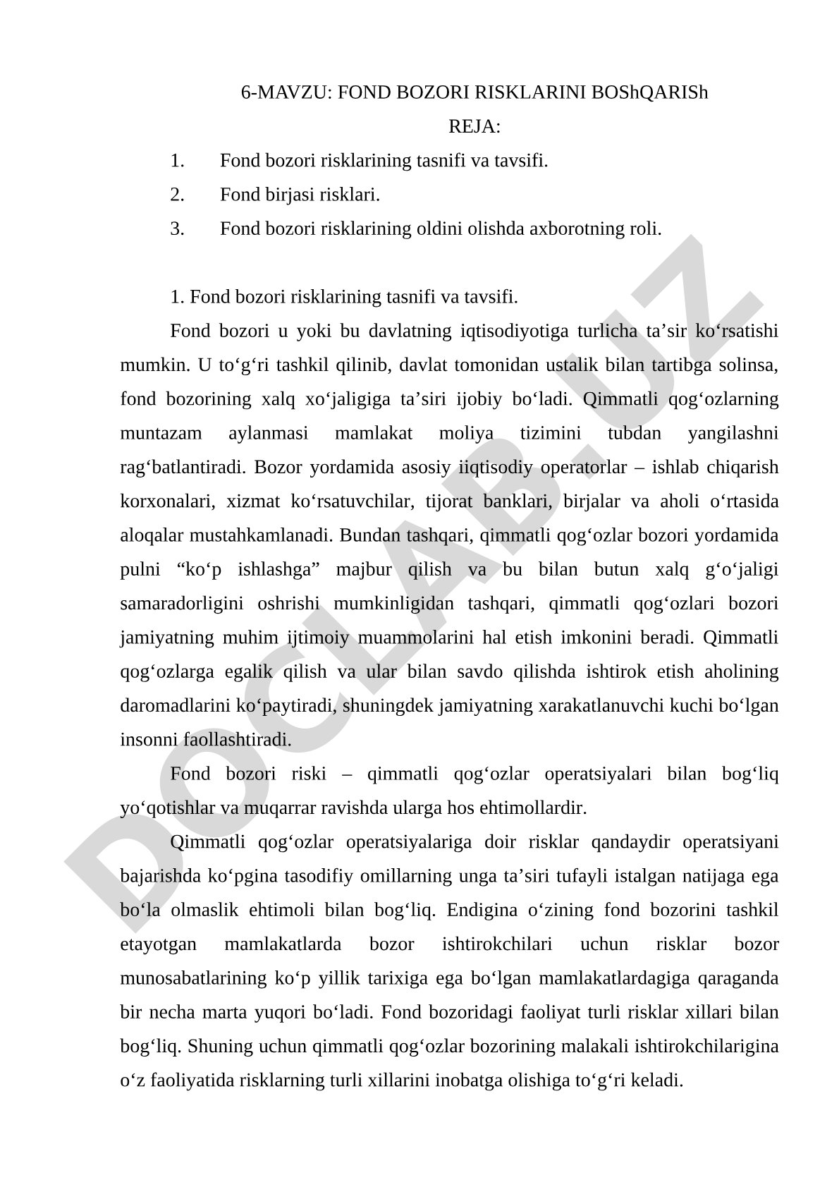 FOND BOZORI RISKLARINI BOShQARISh REJA