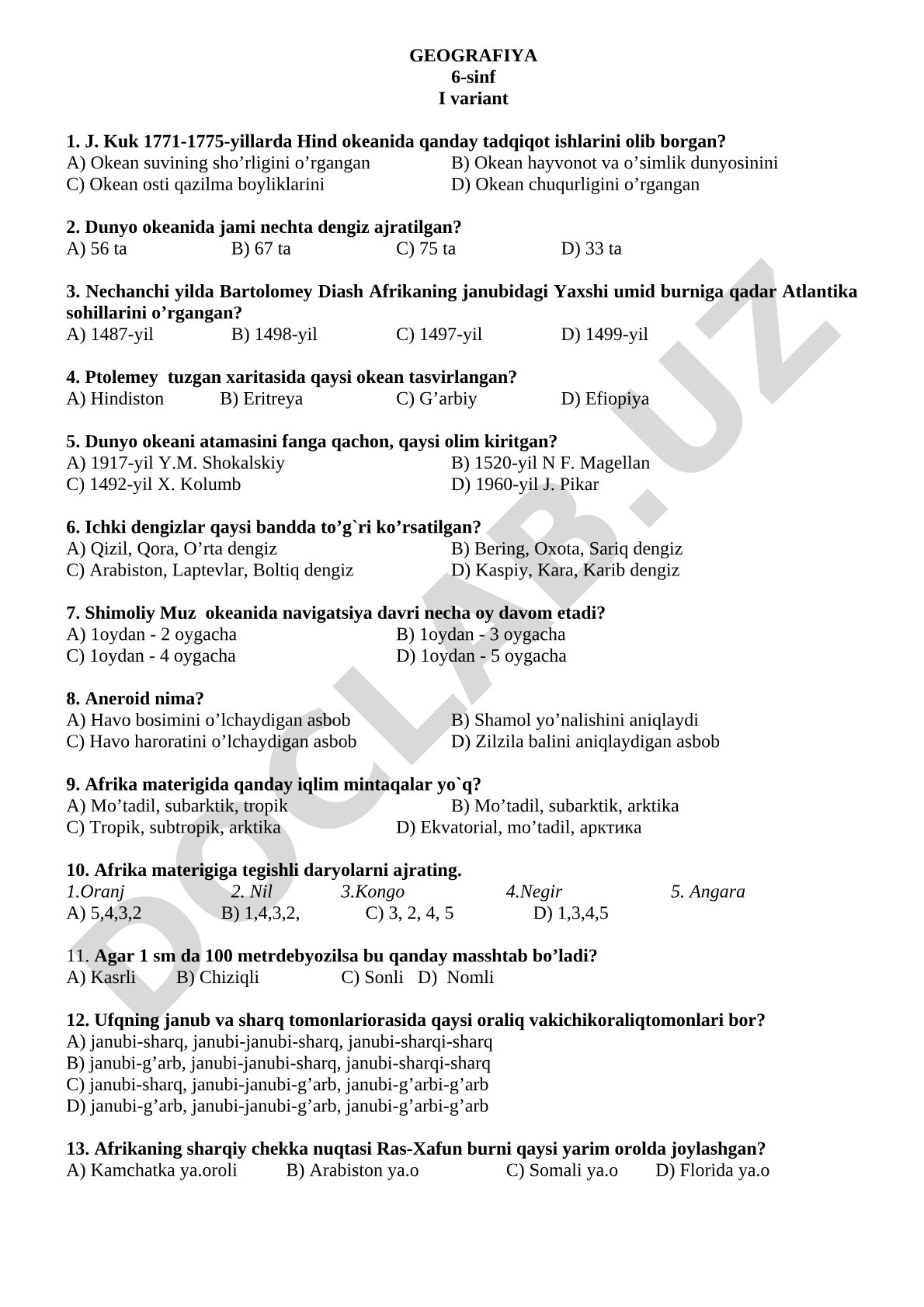 Geografiya 6-sinf test savollari