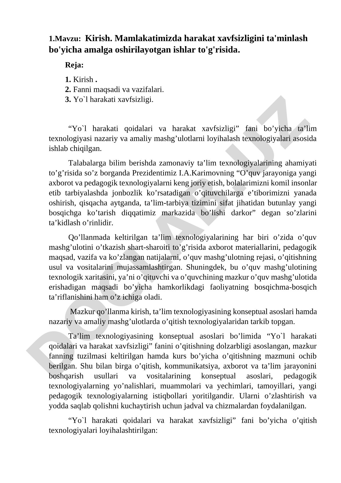 Kirish. Mamlakatimizda harakat xavfsizligini ta'minlash bo'yicha amalga oshirilayotgan ishlar to'g'risida