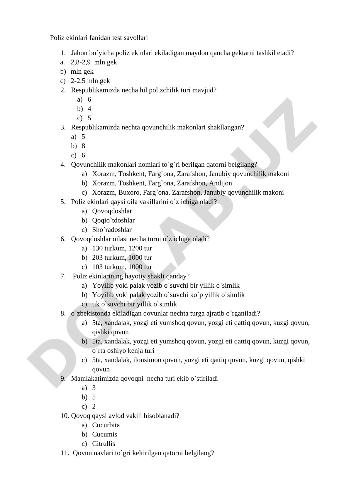 Poliz ekinlari fanidan test savollari