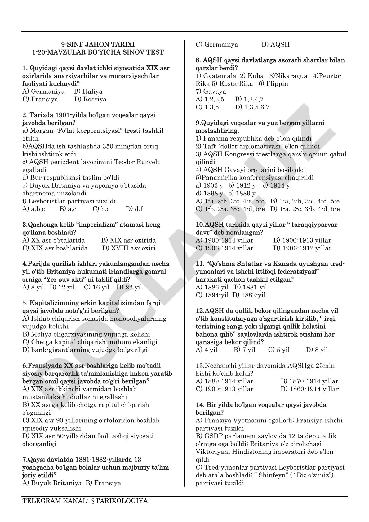 9-sinf jahon tarixi 1-20-mavzular bo’yicha sinov test