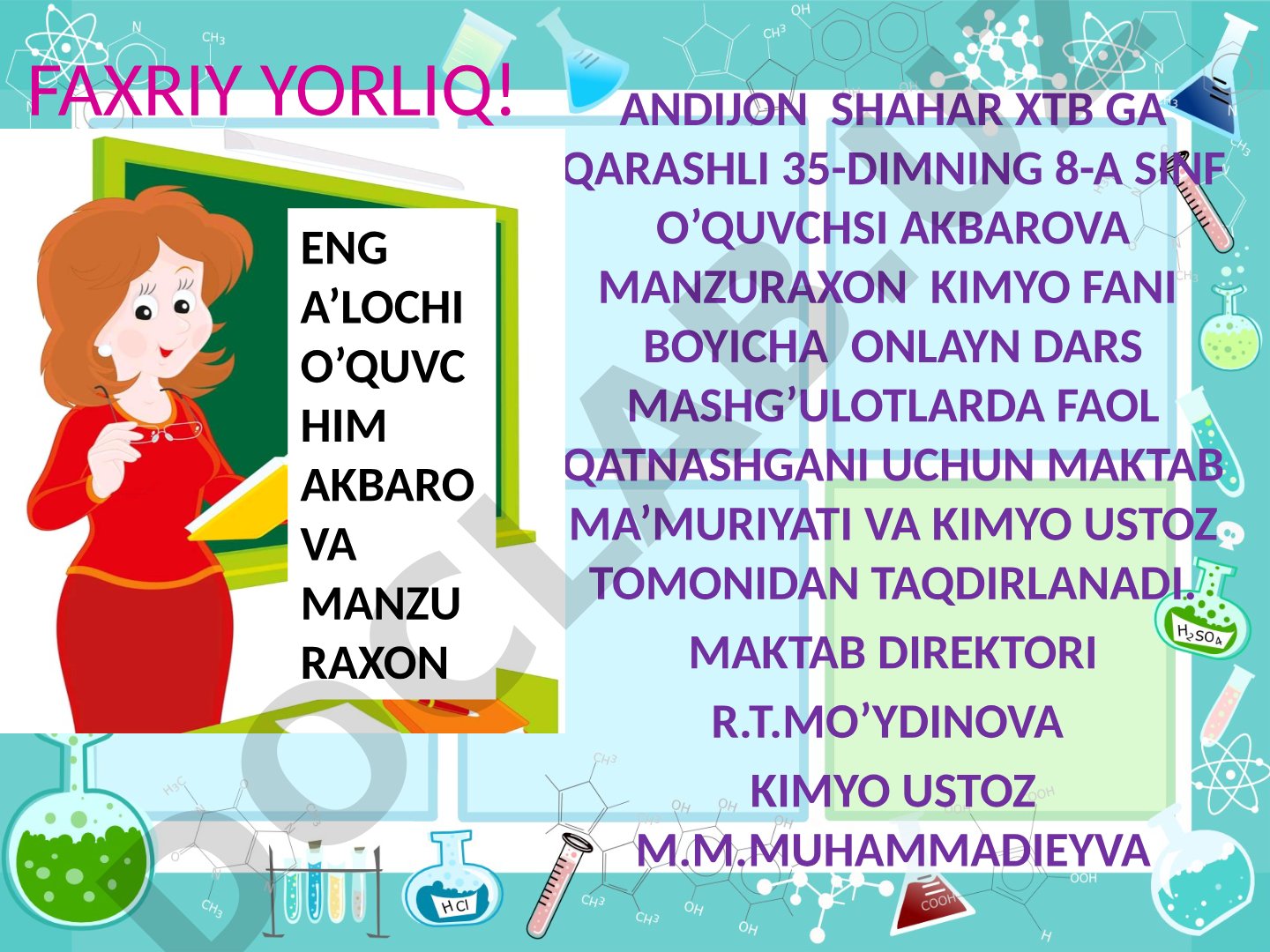 Kimyo onlayn darslarida faollik uchun o'quvchilar va ota-onalarga faxriy yorliq va