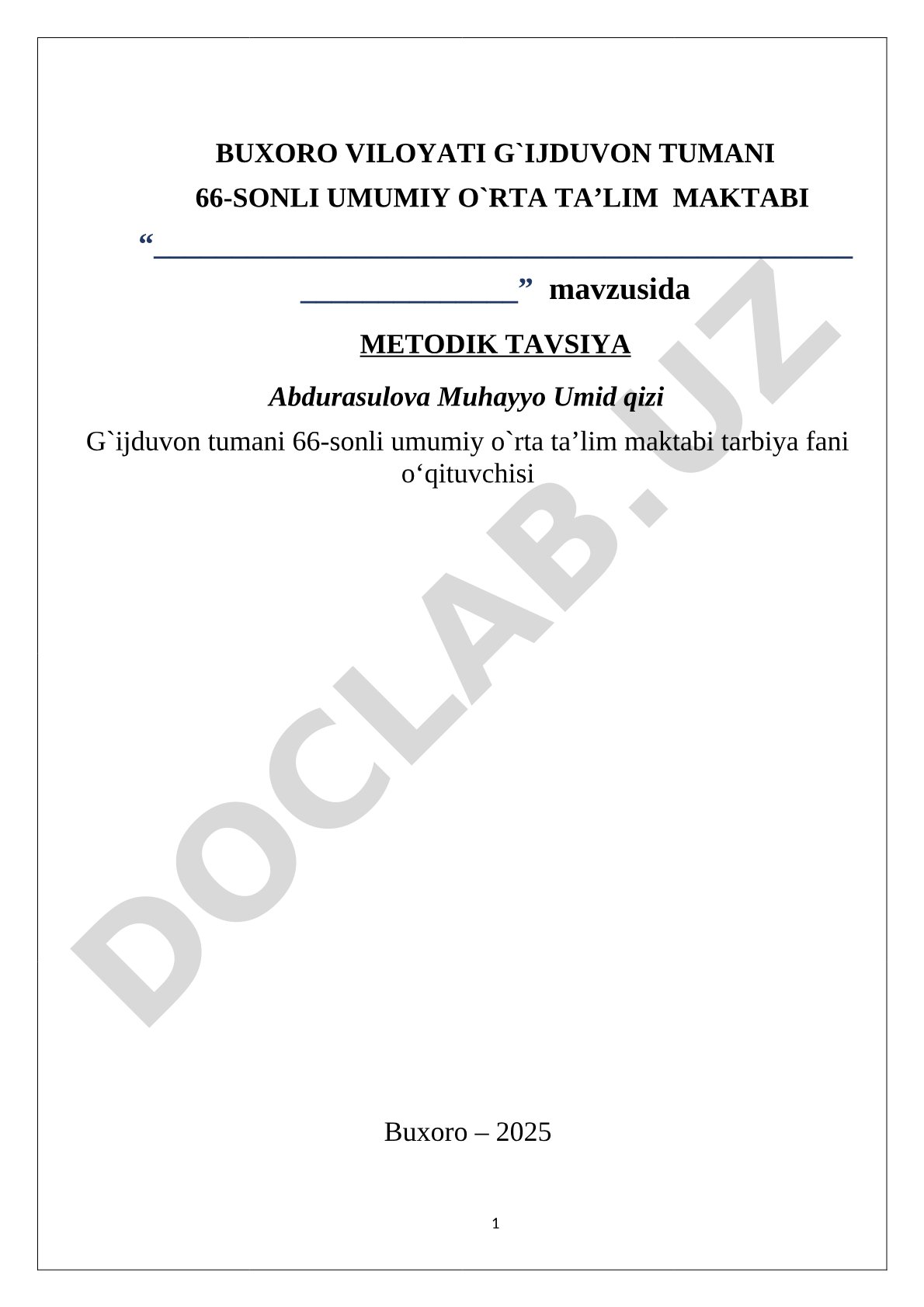 Tarbiya fani o‘qituvchilari uchun metodik tavsiya