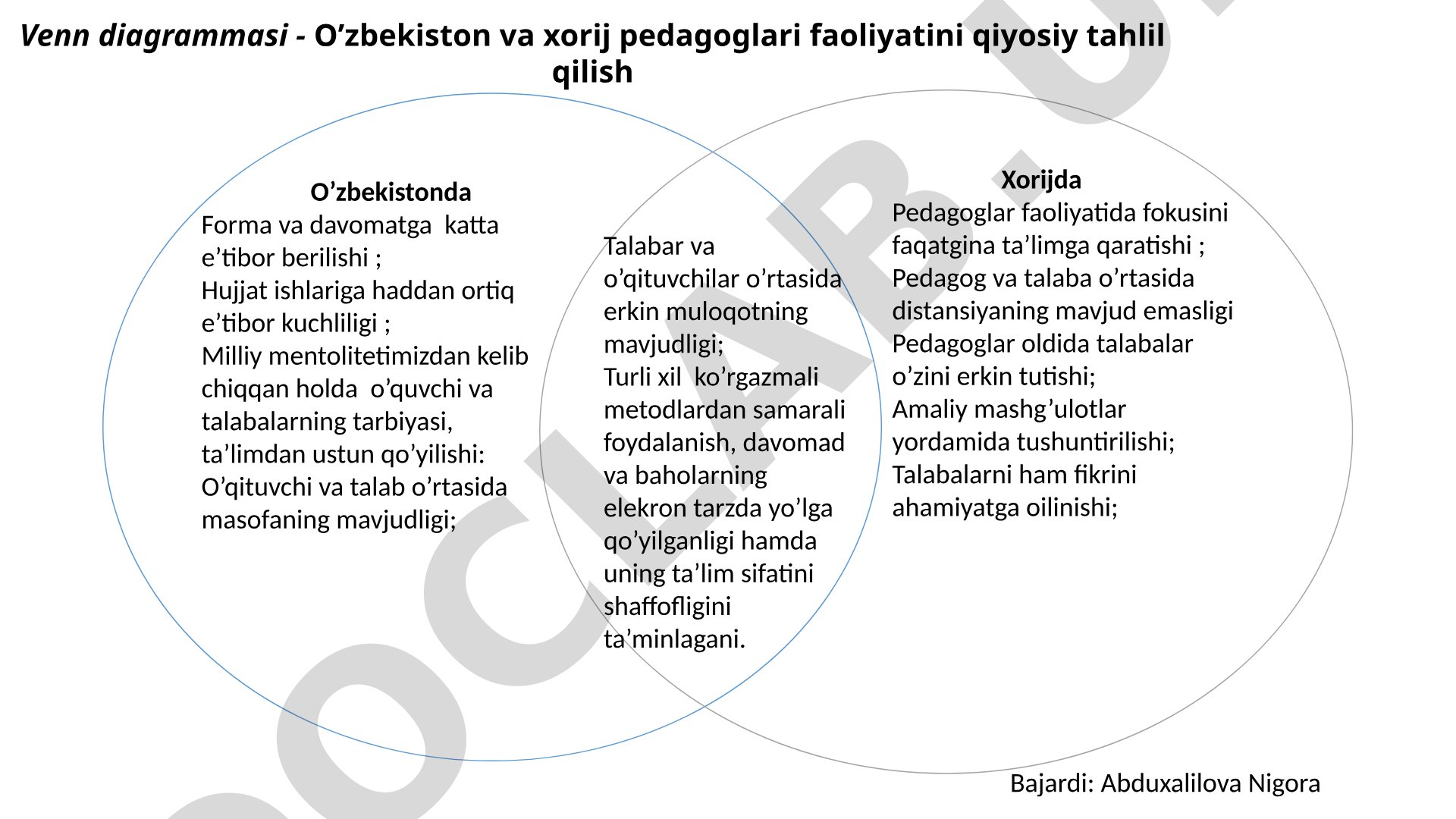 O'zbekiston va xorij pedagoglari faoliyatini qiyosiy tahlil qilish