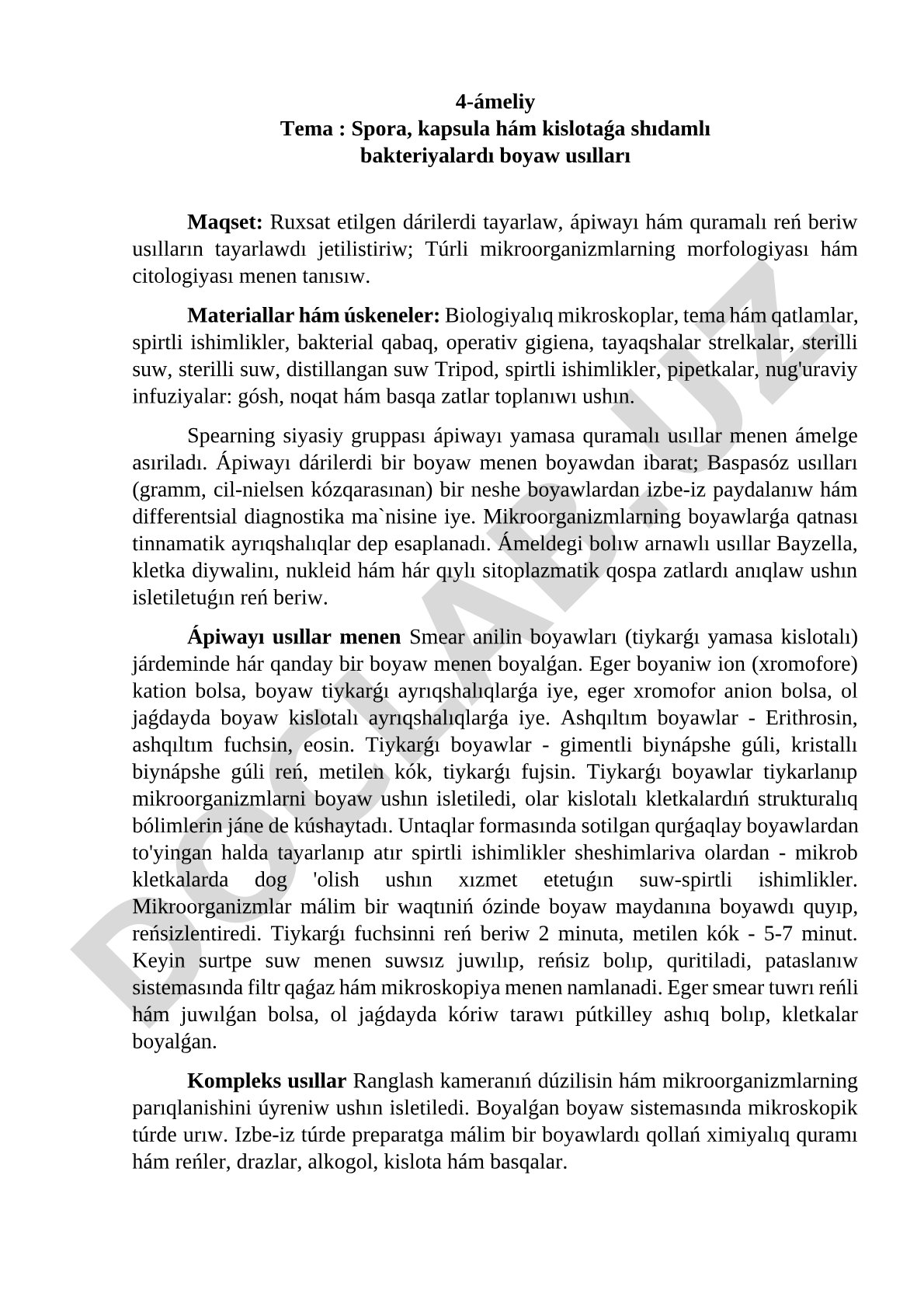 Spora, kapsula hám kislotaǵa shıdamlı bakteriyalardı boyaw usılları