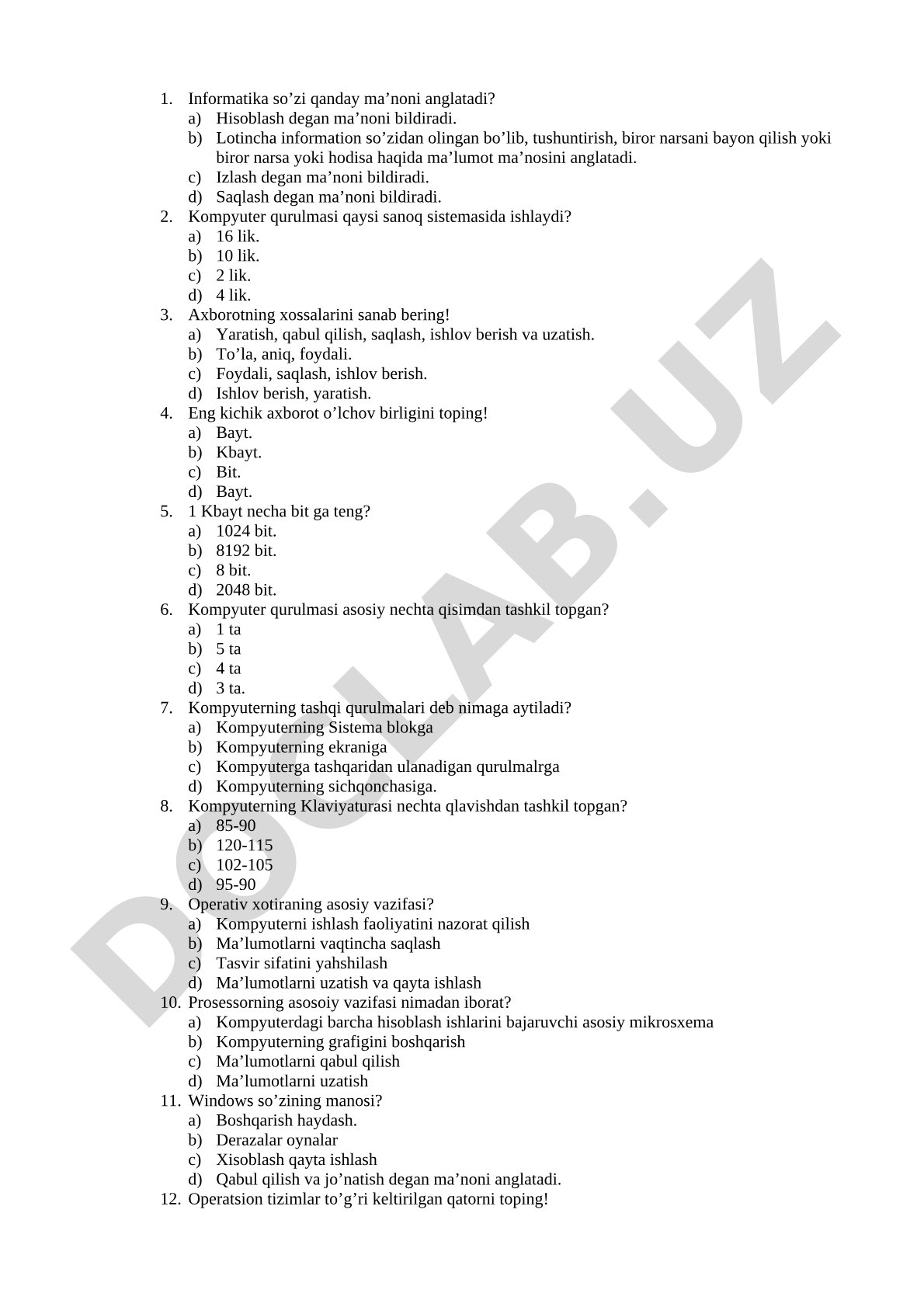 Informatika asoslari bo'yicha test savollari
