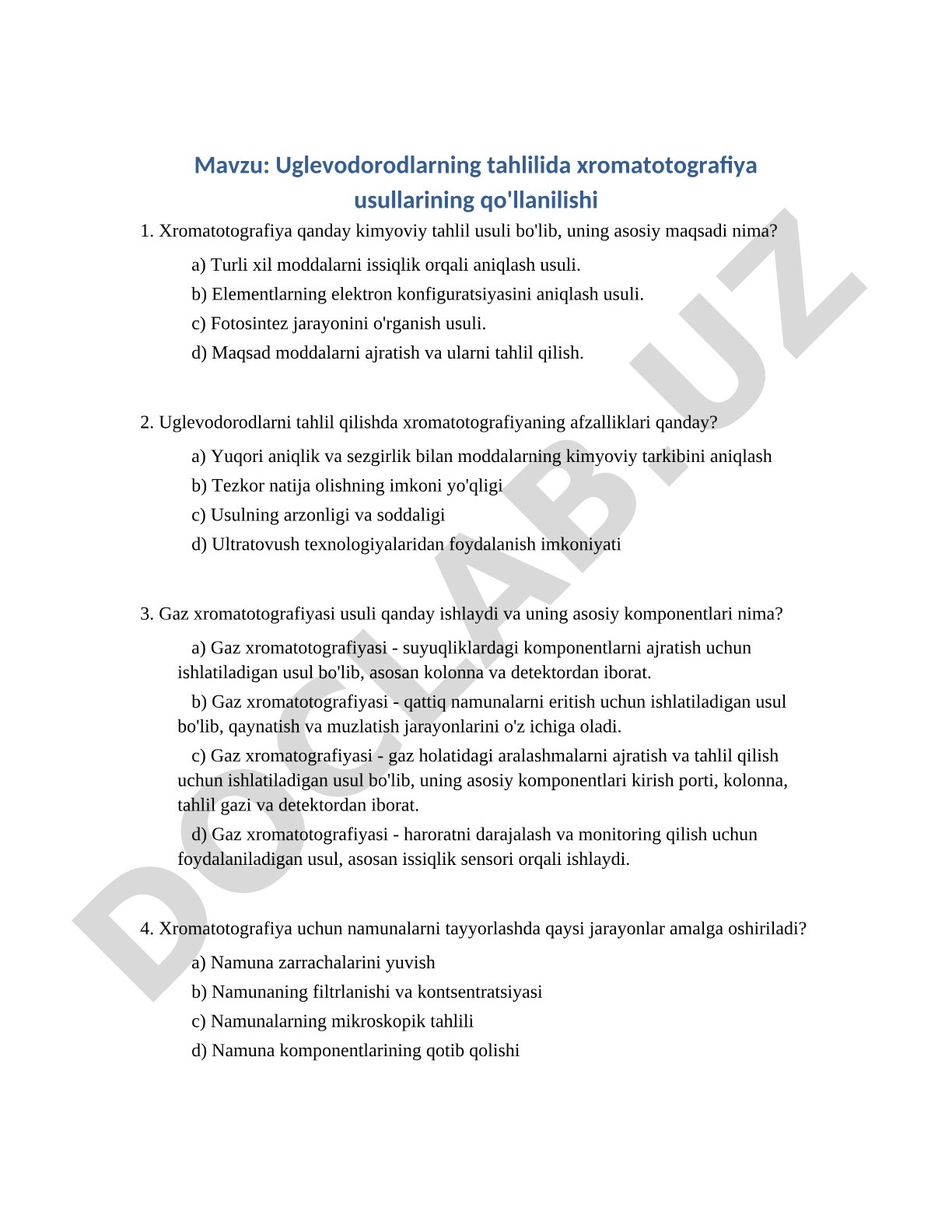 Uglevodorodlarning tahlilida xromatotografiya usullarining qo'llanilishi