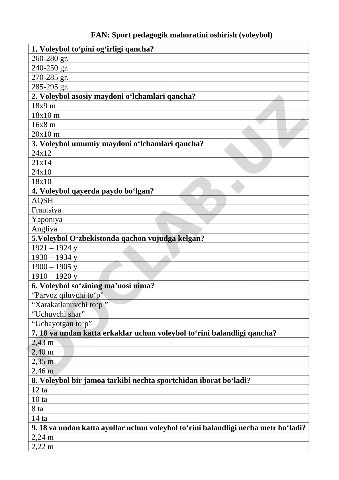 Voleybol bo'yicha test savollari