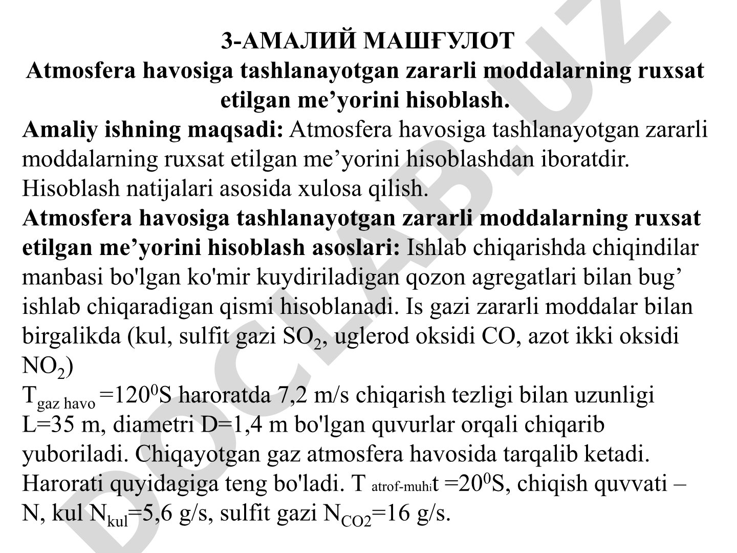 Atmosfera havosiga tashlanayotgan zararli moddalarning ruxsat etilgan meʼyorini hisoblash