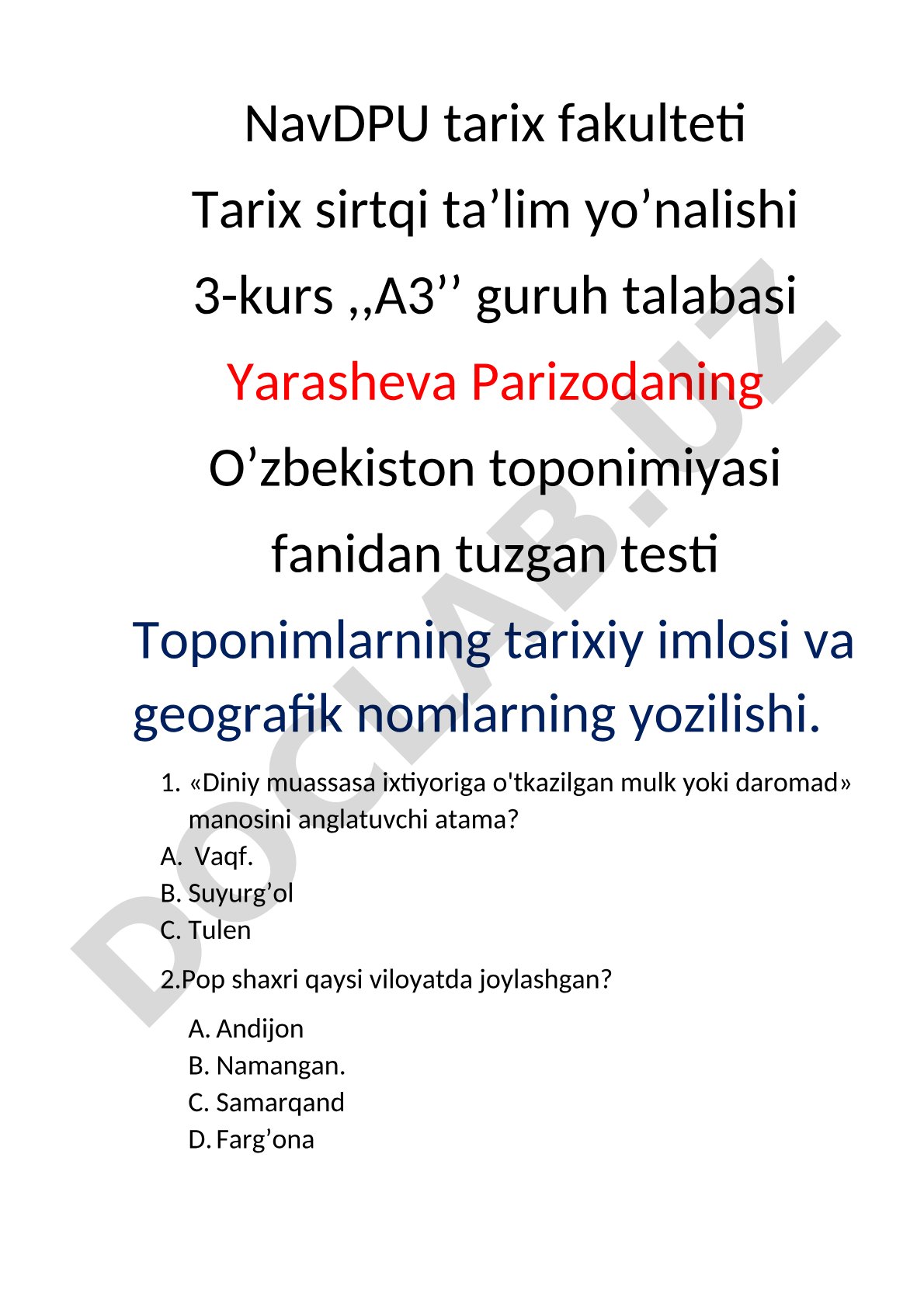 Toponimlarning tarixiy imlosi va geografik nomlarning yozilishi