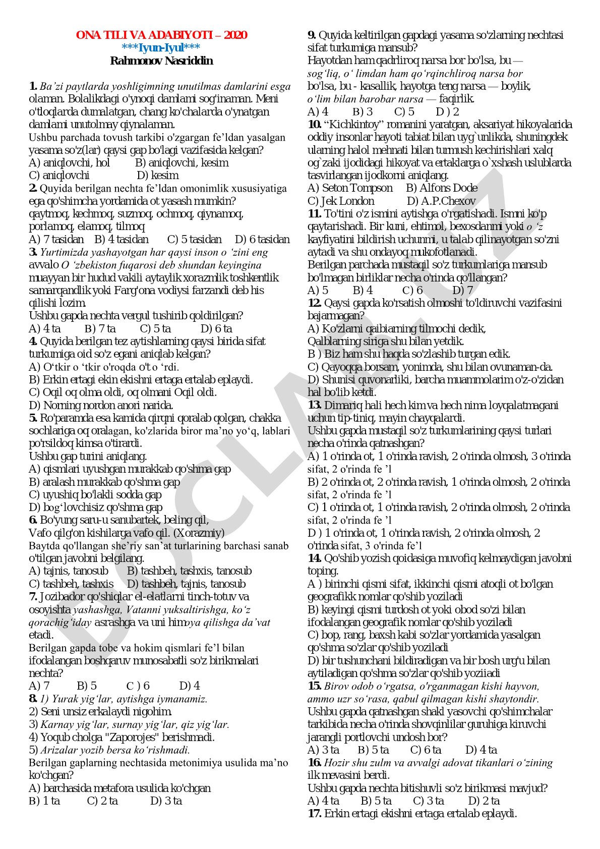 Ona tili va adabiyotidan test savollari
