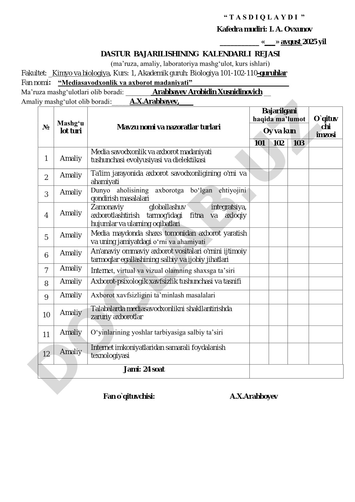 Mediasavodxonlik va axborot madaniyati fanidan kalendar reja