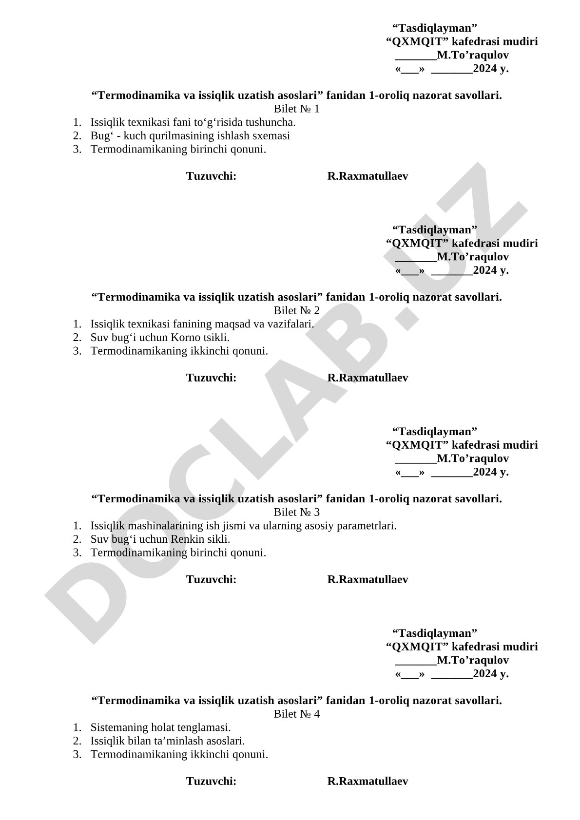 Termodinamika va issiqlik uzatish asoslari fanidan oraliq nazorat savollari
