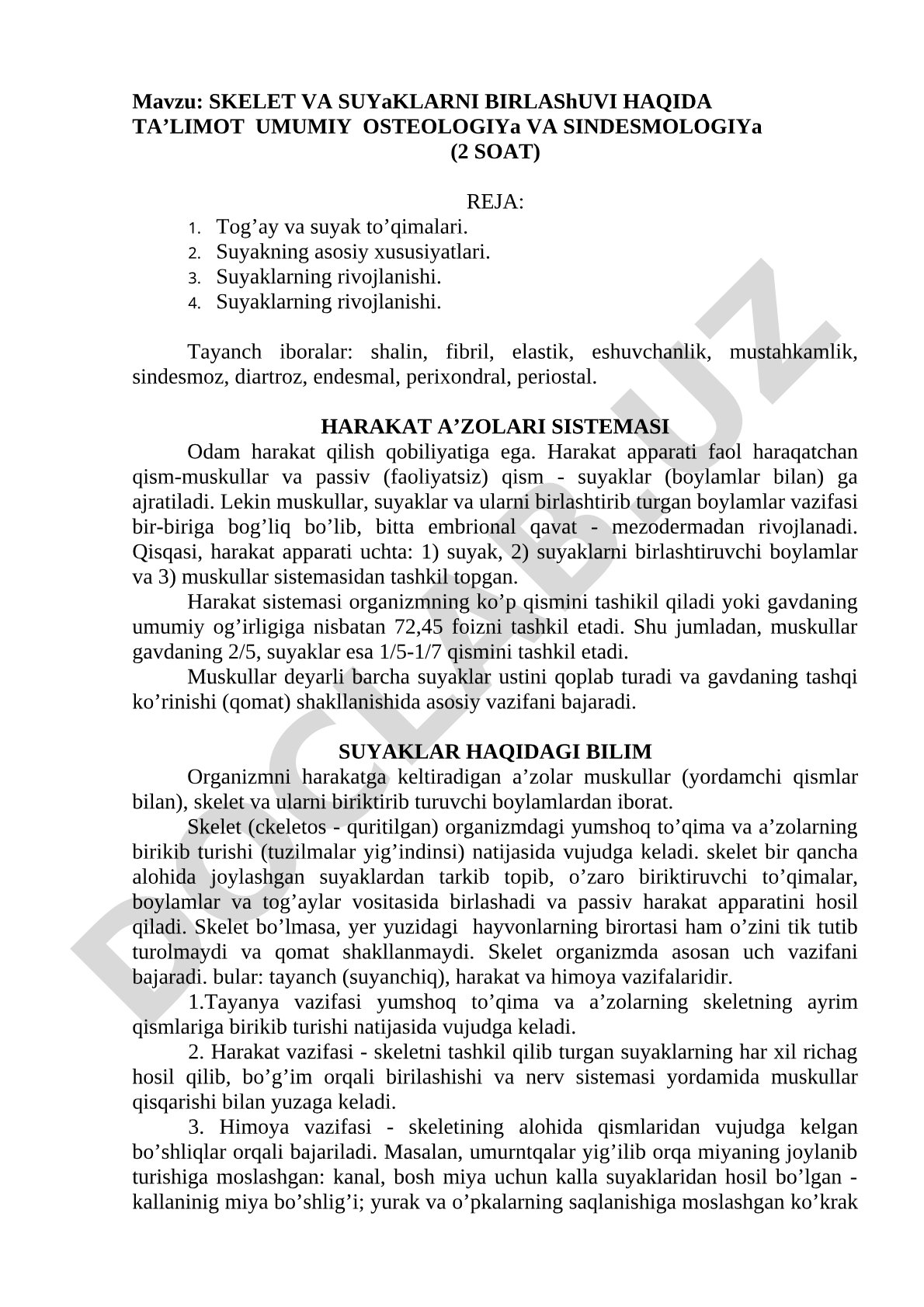 SKELET VA SUYaKLARNI BIRLAShUVI HAQIDA TA’LIMOT UMUMIY OSTEOLOGIYa VA SINDESMOLOGIYa