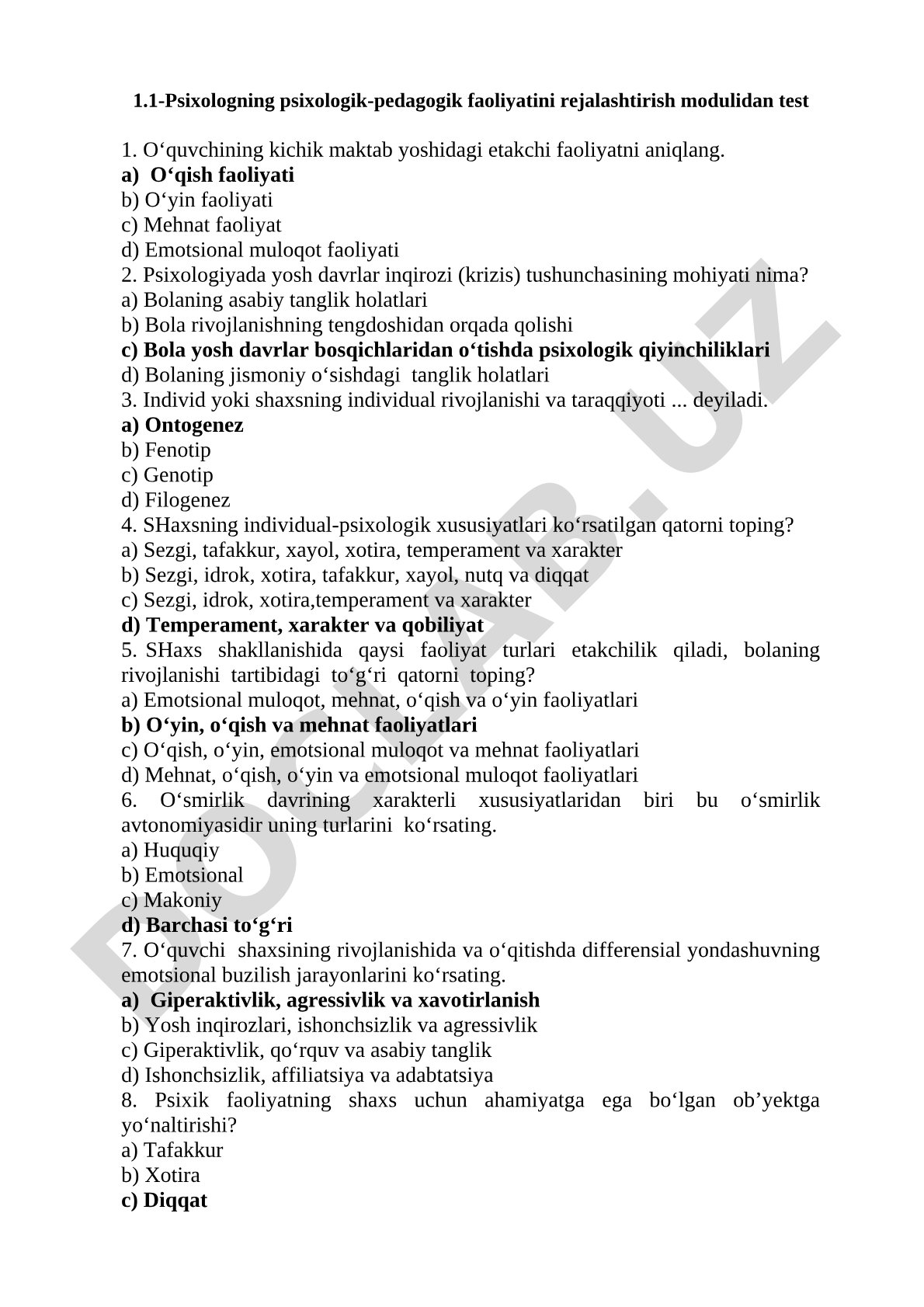 Psixologning psixologik-pedagogik faoliyatini rejalashtirish modulidan test