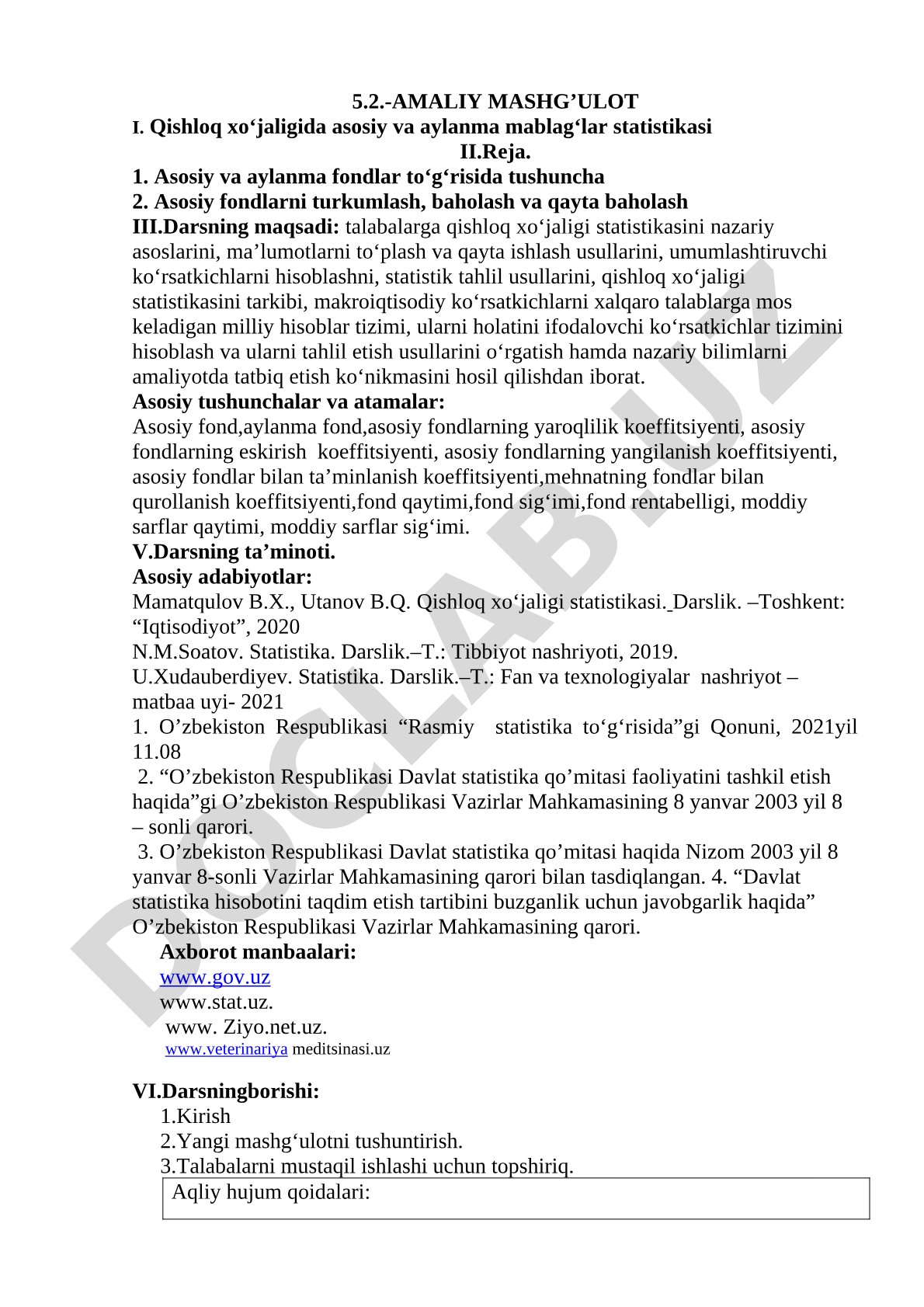 Qishloq xo‘jaligida asosiy va aylanma mablag‘lar statistikasi