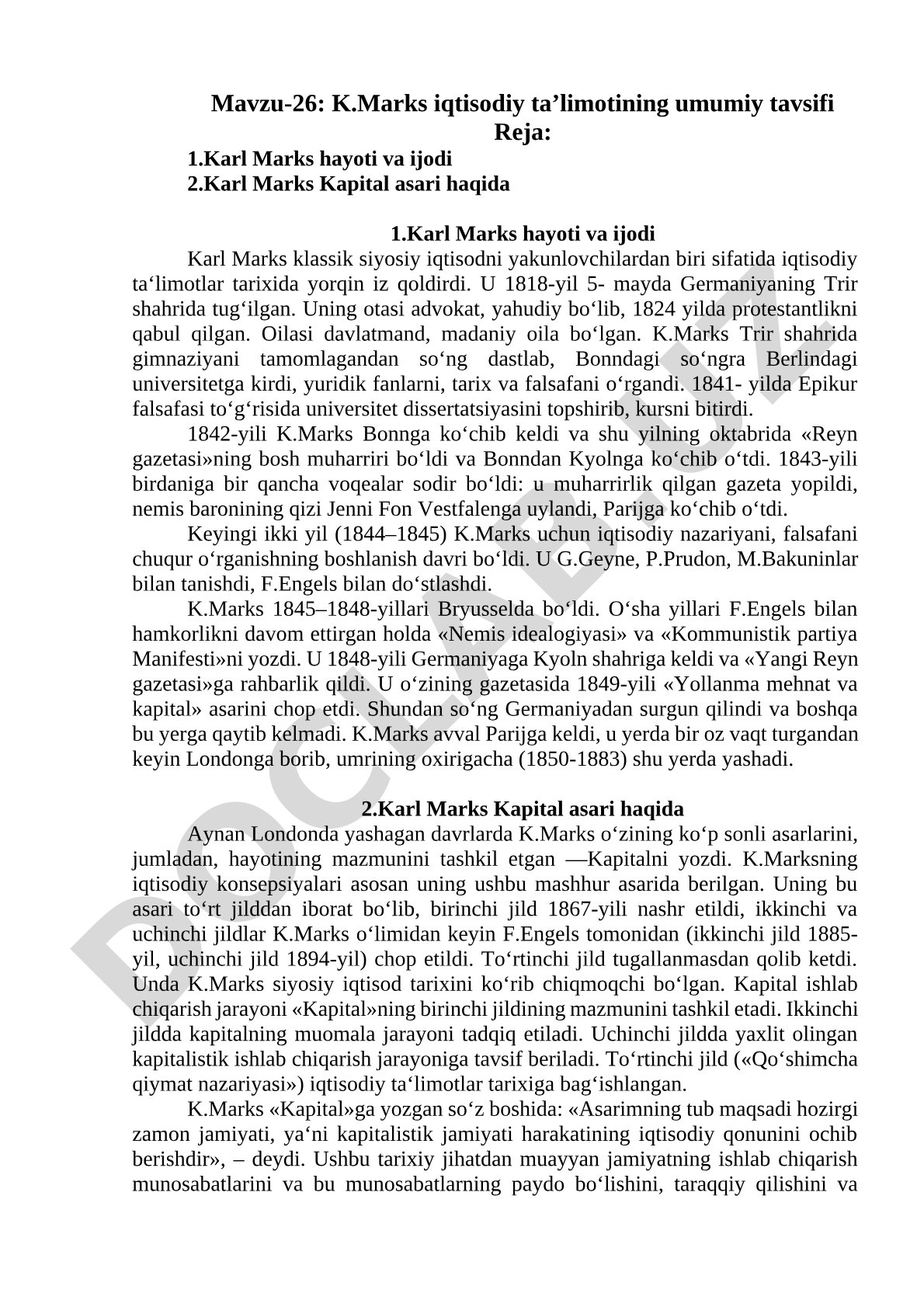 K.Marks iqtisodiy ta'limotining umumiy tavsifi