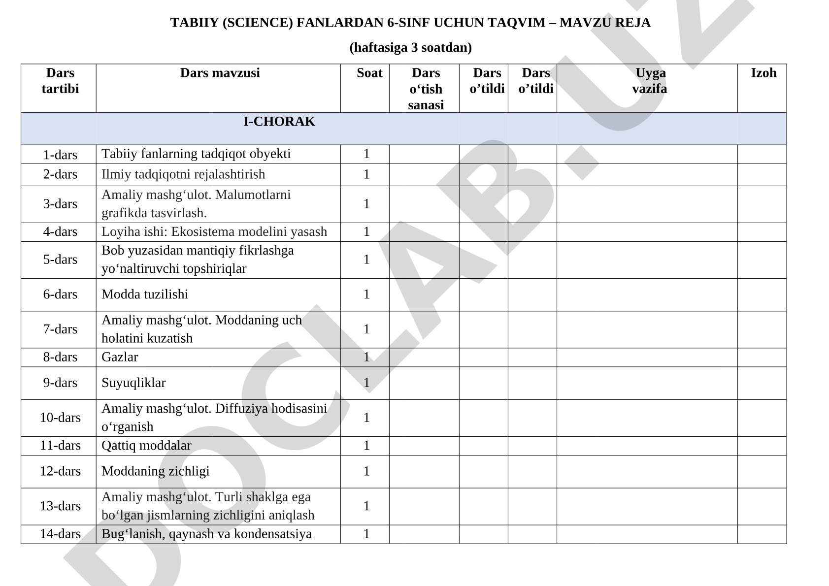 6-sinf tabiiy fanlardan taqvim-mavzu reja