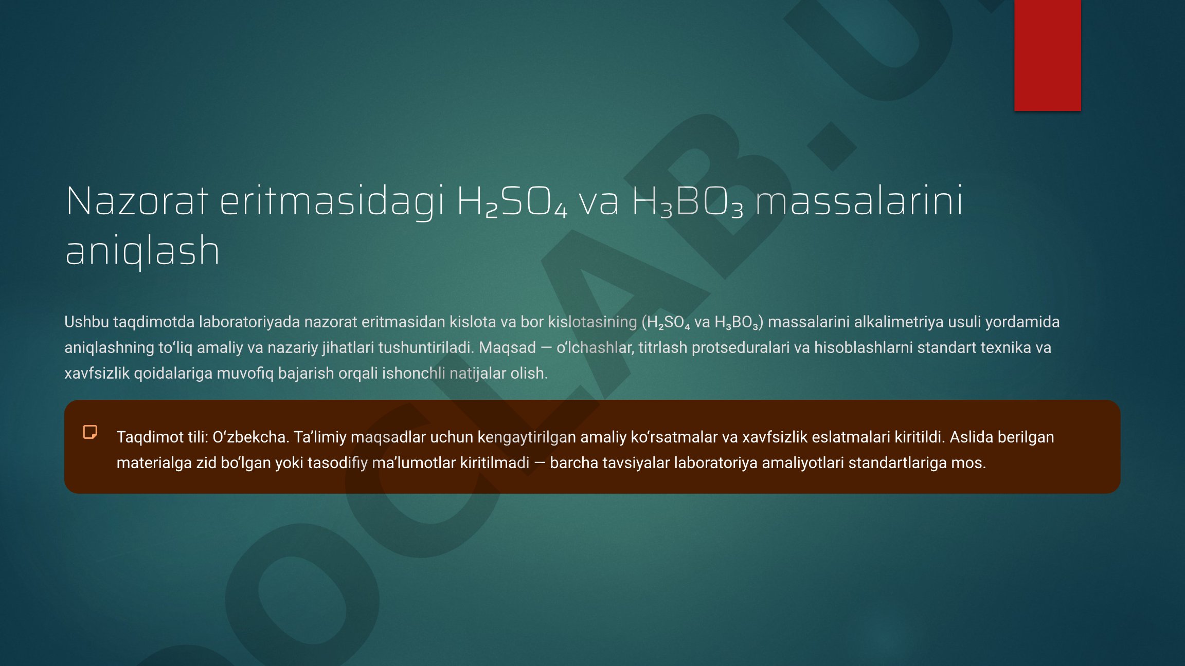 Nazorat eritmasidagi H₂SO₄ va H₃BO₃ massalarini aniqlash